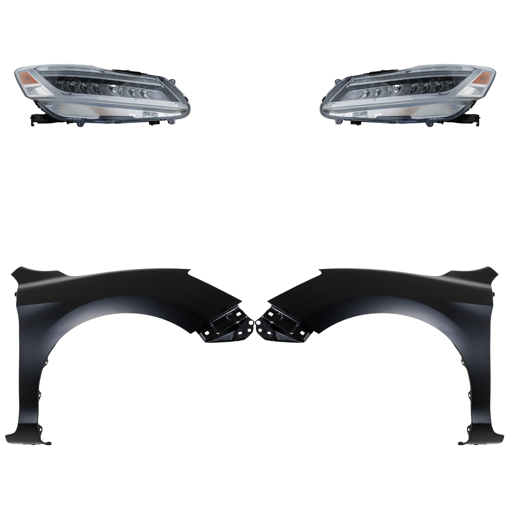 AM ACCORD 16-17 HEAD LAMP RH AND LH Assembly LED 4 pc Kit with Fenders SKU KIT 030323-26303 Partslink HO2503174 HO2502174 HO1240185 HO1241185 OEM 33100T2AA32-33150T2AA32-60261T
