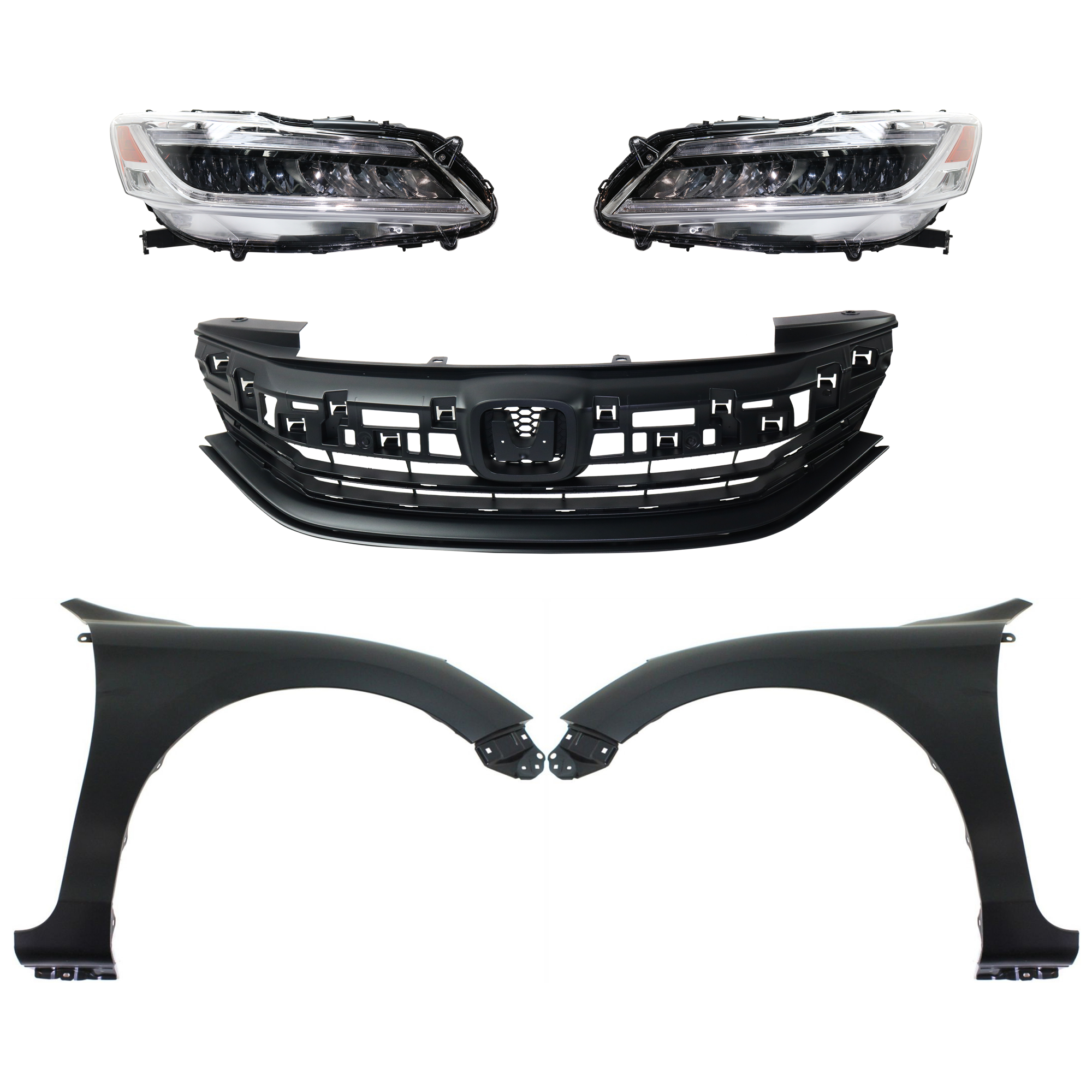 AM ACCORD 16-17 HEAD LAMP RH AND LH Assembly LED 5 pc Kit with Fenders and Grille Assembly SKU KIT 030323-263 Partslink HO2502174 HO2503174 HO1241185 HO1240185 HO1200229 OEM 33150T2AA32-33100T2AA32-60211T