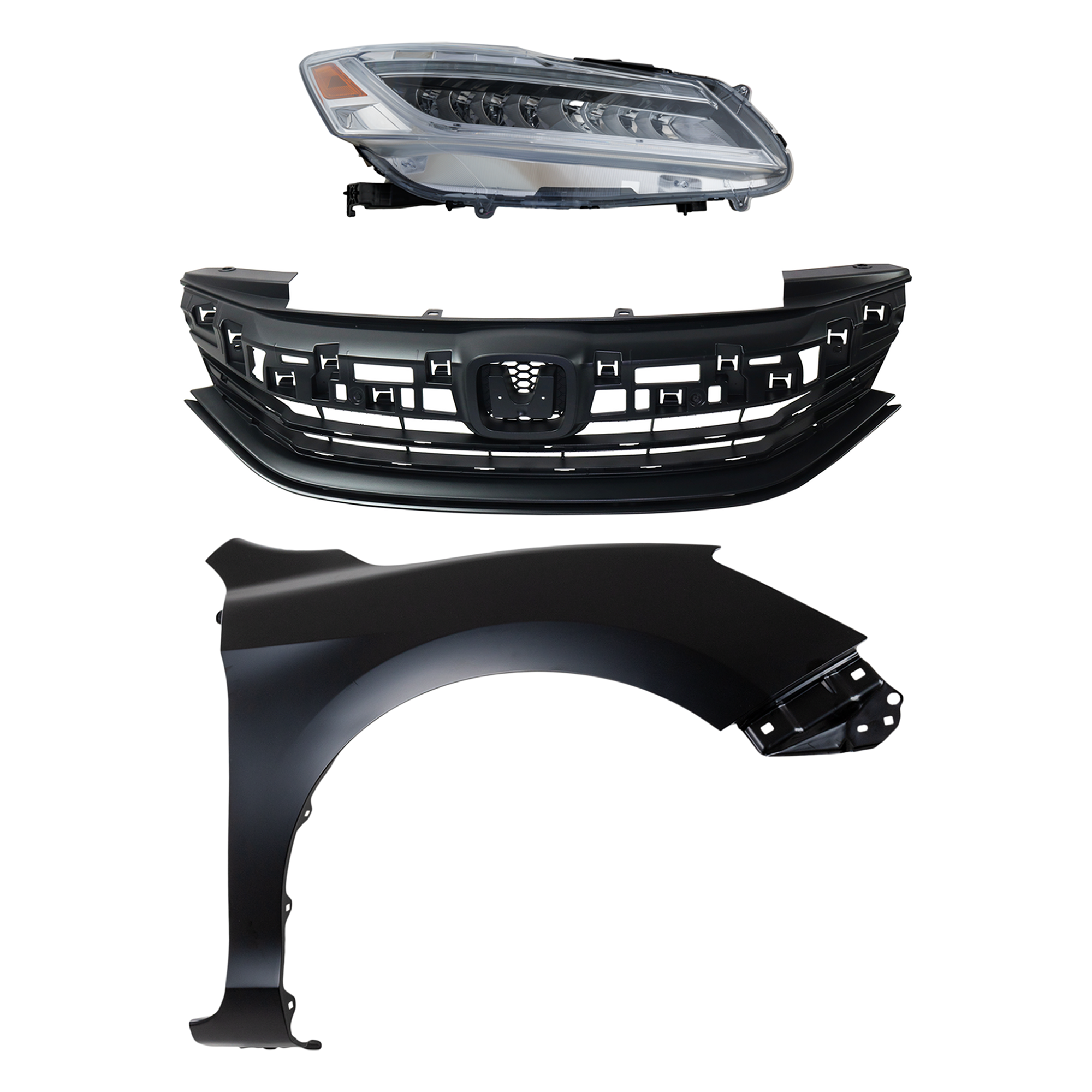 AM ACCORD 16-17 HEAD LAMP RH Assembly LED 3 pc Kit with Fender and Grille Assembly CAPA SKU KIT 030323-26401 Partslink HO1200229C HO1241185C HO2503174C OEM 33100T2AA32-60211T2FA90ZZ 7112