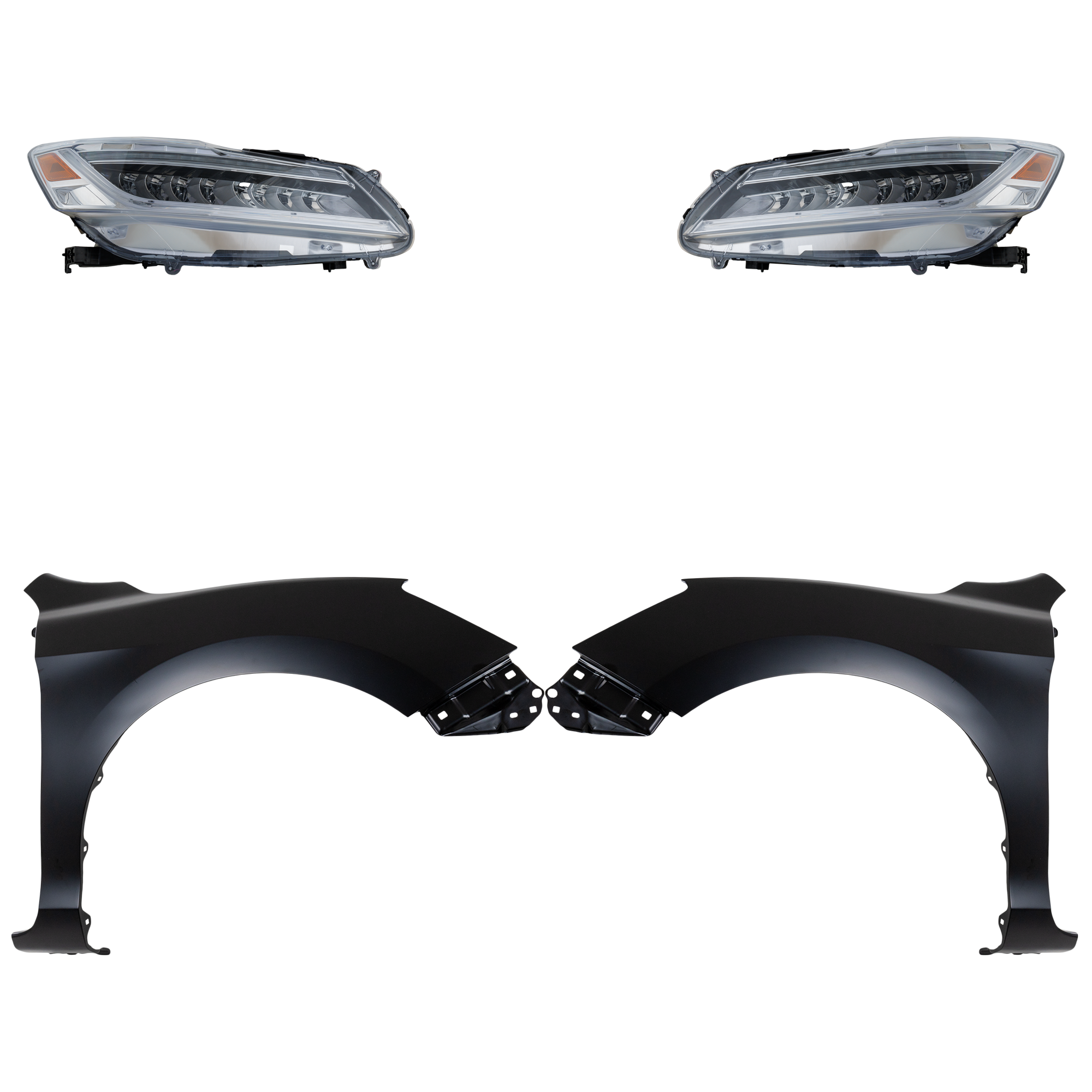 AM ACCORD 16-17 HEAD LAMP RH AND LH Assembly LED 4 pc Kit with Fenders SKU KIT 030323-26403 Partslink HO1240185C HO1241185C HO2502174C HO2503174C OEM 33100T2AA32-33150T2AA32-60211T