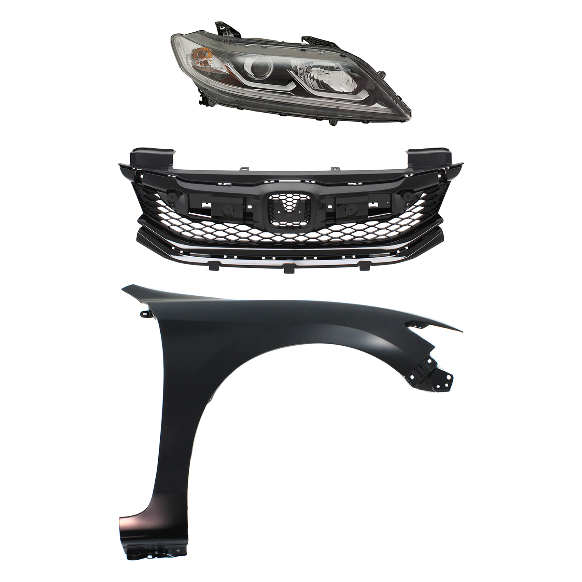 AM ACCORD 16-17 HEAD LAMP RH Assembly Halogen 3 pc Kit with Fender and Grille Assembly SKU KIT 030323-27401 Partslink HO2503179 HO1241186 HO1200230 OEM 33100T3LA21-60211T3LA90ZZ 7112