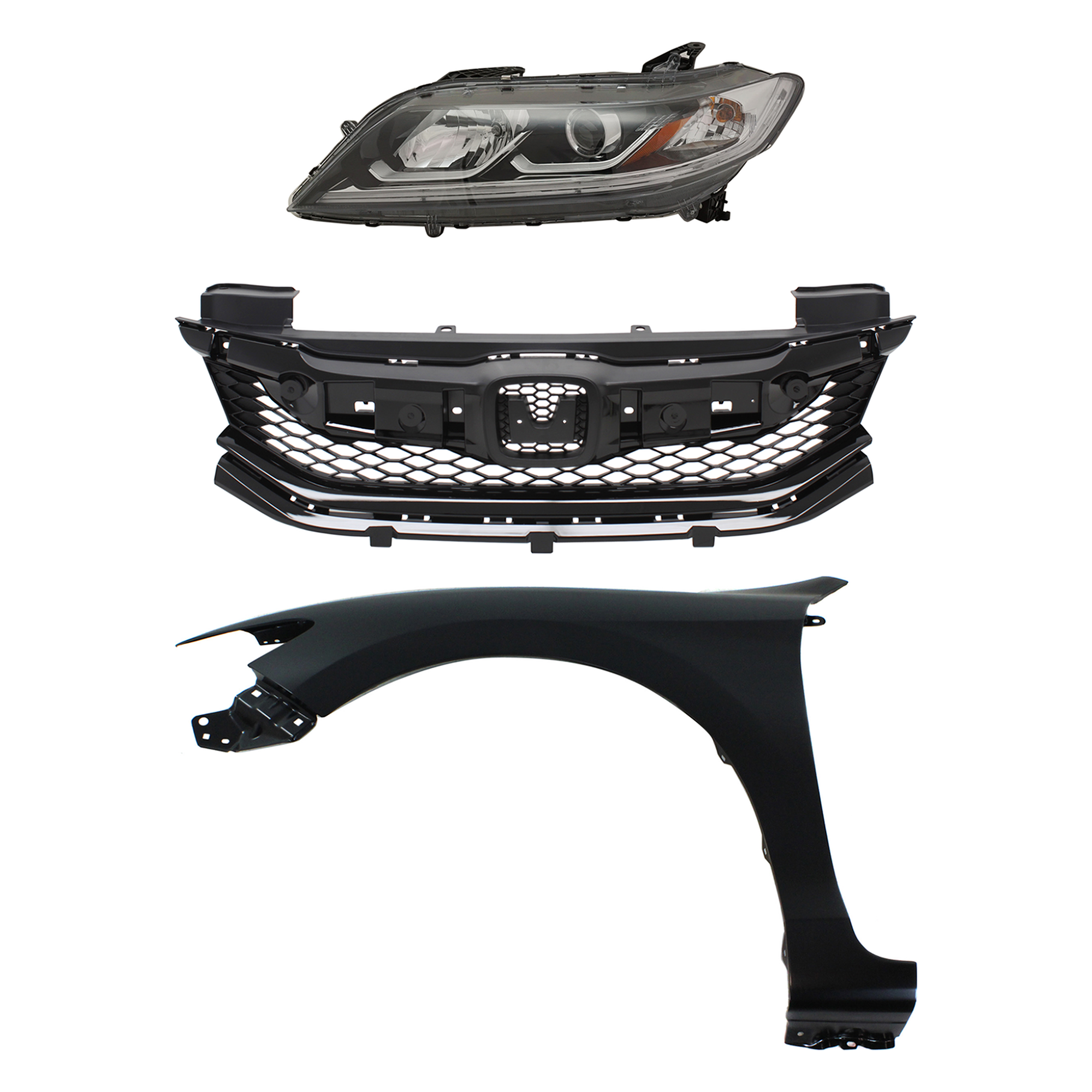 AM ACCORD 16-17 HEAD LAMP LH Assembly Halogen 3 pc Kit with Fender and Grille Assembly SKU KIT 030323-27402 Partslink HO2502179 HO1240186 HO1200230 OEM 33150T3LA21-60261T3LA90ZZ 7112