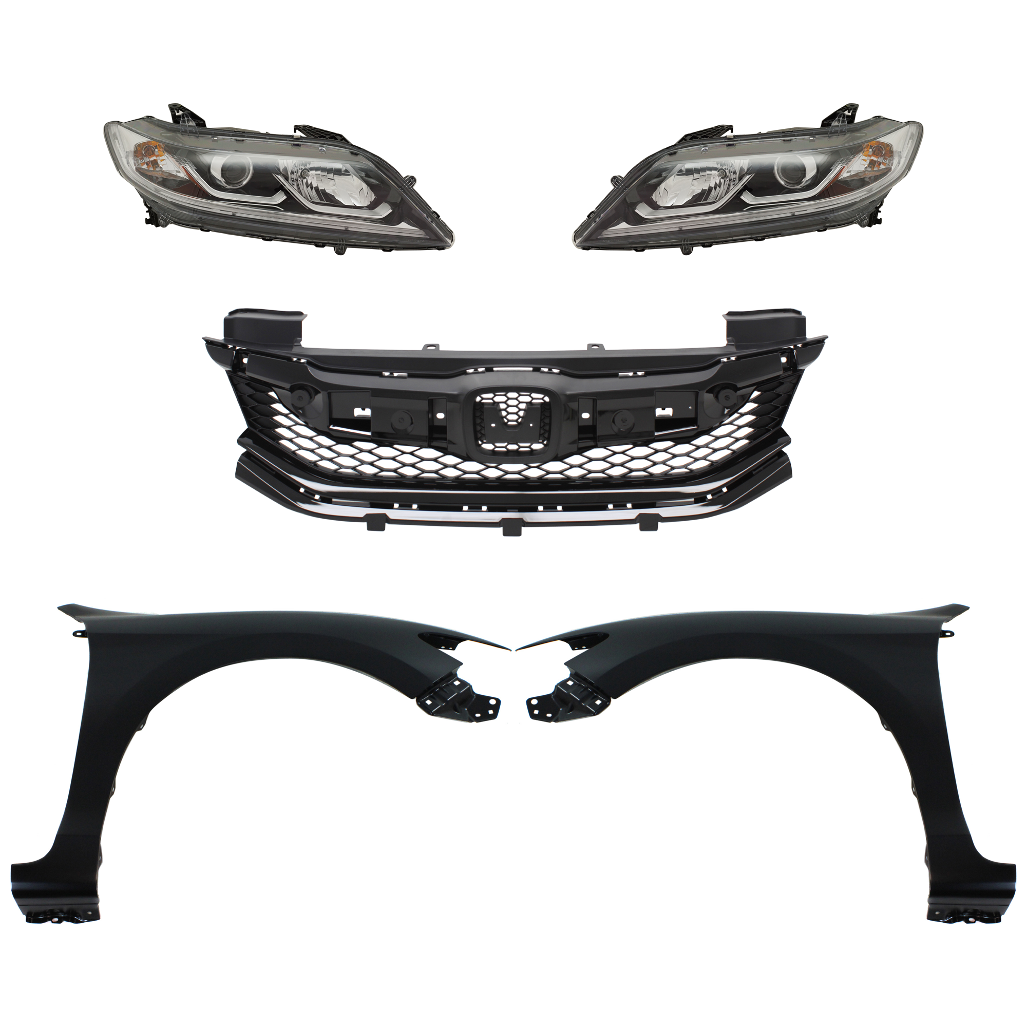 AM ACCORD 16-17 HEAD LAMP RH AND LH Assembly Halogen 5 pc Kit with Fenders and Grille Assembly SKU KIT 030323-274 Partslink HO2502179 HO2503179 HO1241186 HO1240186 HO1200230 OEM 33100T3LA21-33150T3LA21-60211T