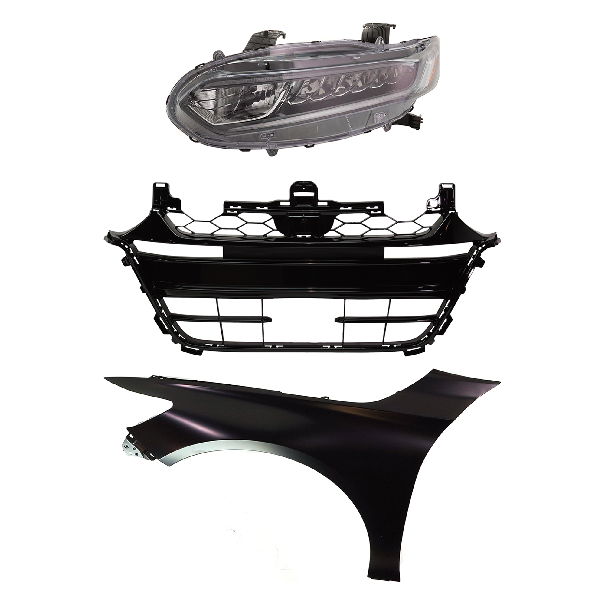AM ACCORD 18-20 HEAD LAMP LH Assembly Halogen 3 pc Kit with Fender and Grille Assembly SKU KIT 030323-27702 Partslink HO2502187 HO1240196 HO1036130 OEM 33150TVAA01-60260TVAA00ZZ 7111