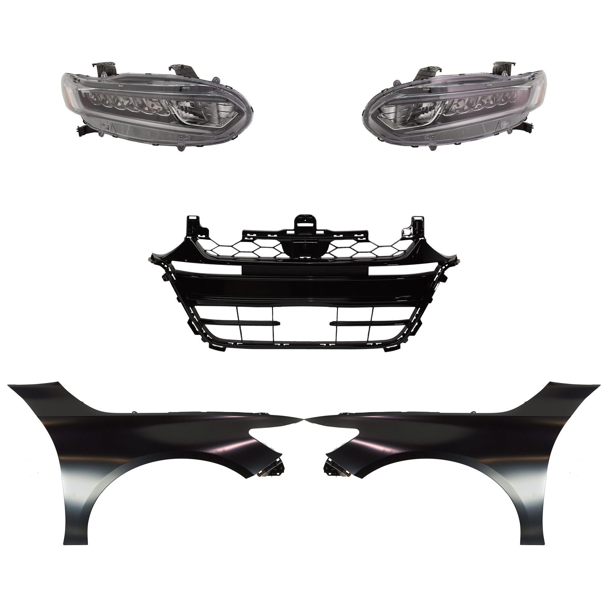 AM ACCORD 18-20 HEAD LAMP RH AND LH Halogen Assembly 5 pc Kit with Fenders and Grille Assembly SKU KIT 030323-277 Partslink HO2502187 HO2503187 HO1240196 HO1241196 HO1036130 OEM 33150TVAA01-33100TVAA01-60260T