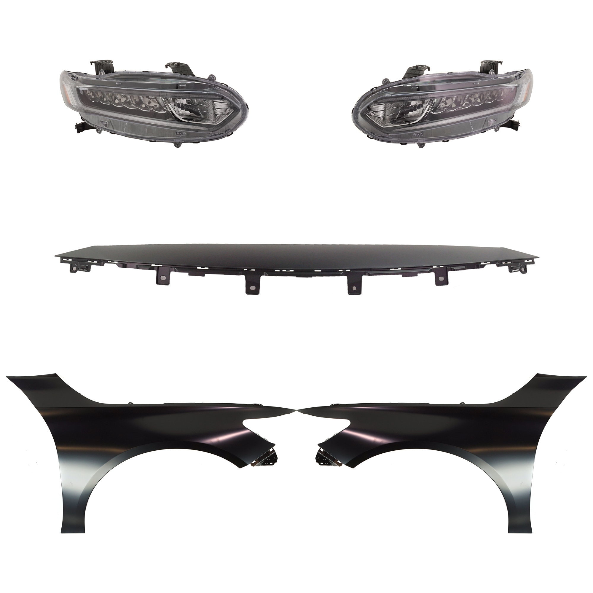 AM ACCORD 18-20 HEAD LAMP RH AND LH Assembly Halogen 5 pc Kit with Fenders and Grille Assembly SKU KIT 030323-278 Partslink HO2502187 HO2503187 HO1240196 HO1241196 HO1210155 OEM 33100TVAA01-33150TVAA01-60260T