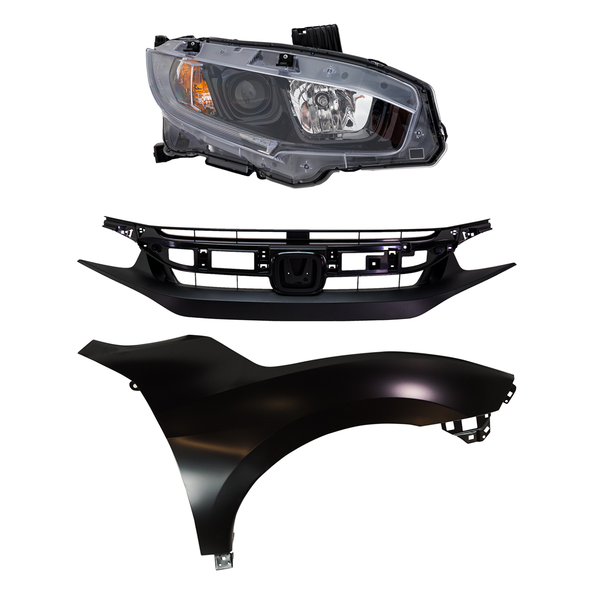 AM CIVIC 19-21 HEAD LAMP RH Assembly Halogen 3 pc Kit with Fender and Grille SKU KIT 030323-28101 Partslink HO2503192 HO1241200 HO1200241 OEM 33100TBAA31-60211TBAA50ZZ 7112