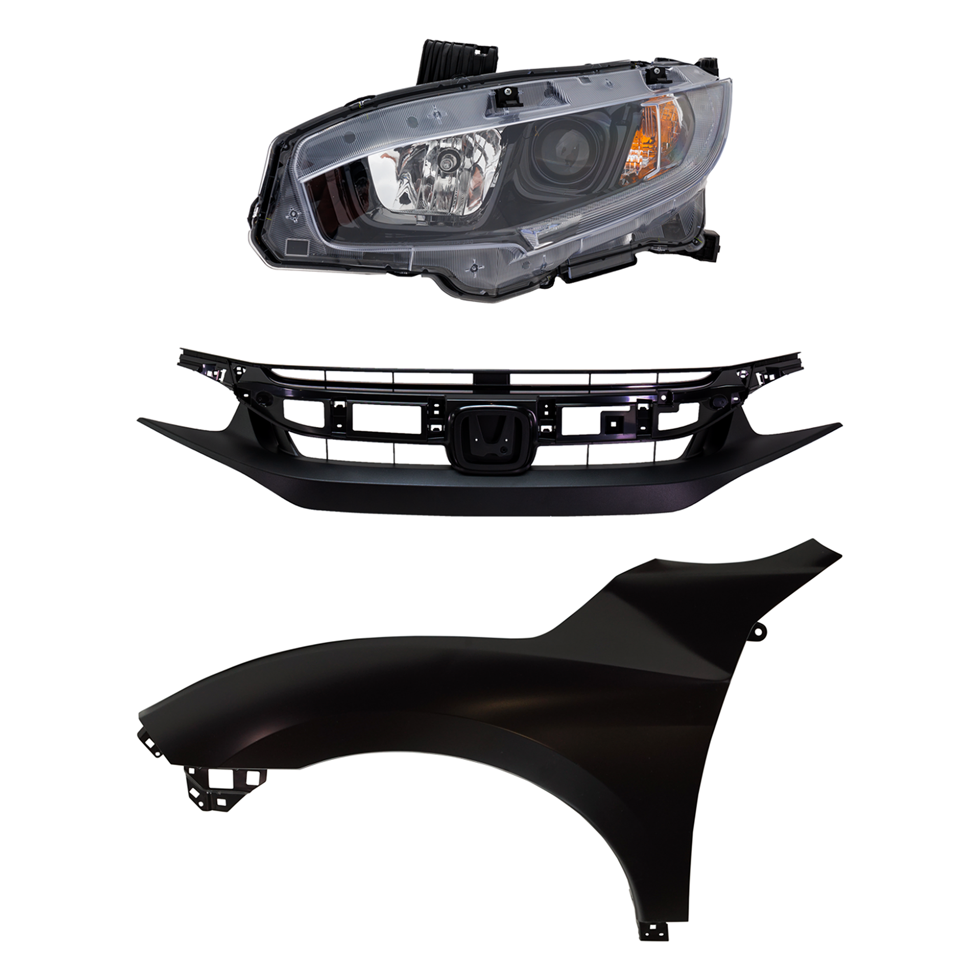 AM CIVIC 19-21 HEAD LAMP LH Assembly Halogen 3 pc Kit with Fender and Grille SKU KIT 030323-28102 Partslink HO2502192 HO1240200 HO1200241 OEM 33150TBAA31-60261TBAA50ZZ 7112