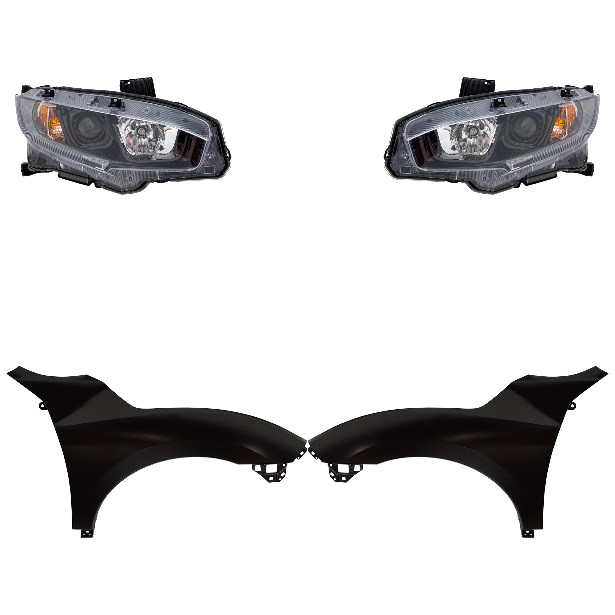 AM CIVIC 19-21 HEAD LAMP RH AND LH Assembly Halogen 4 pc Kit with Fenders SKU KIT 030323-28103 Partslink HO2503192 HO2502192 HO1240200 HO1241200 OEM 33100TBAA31-33150TBAA31-60261T
