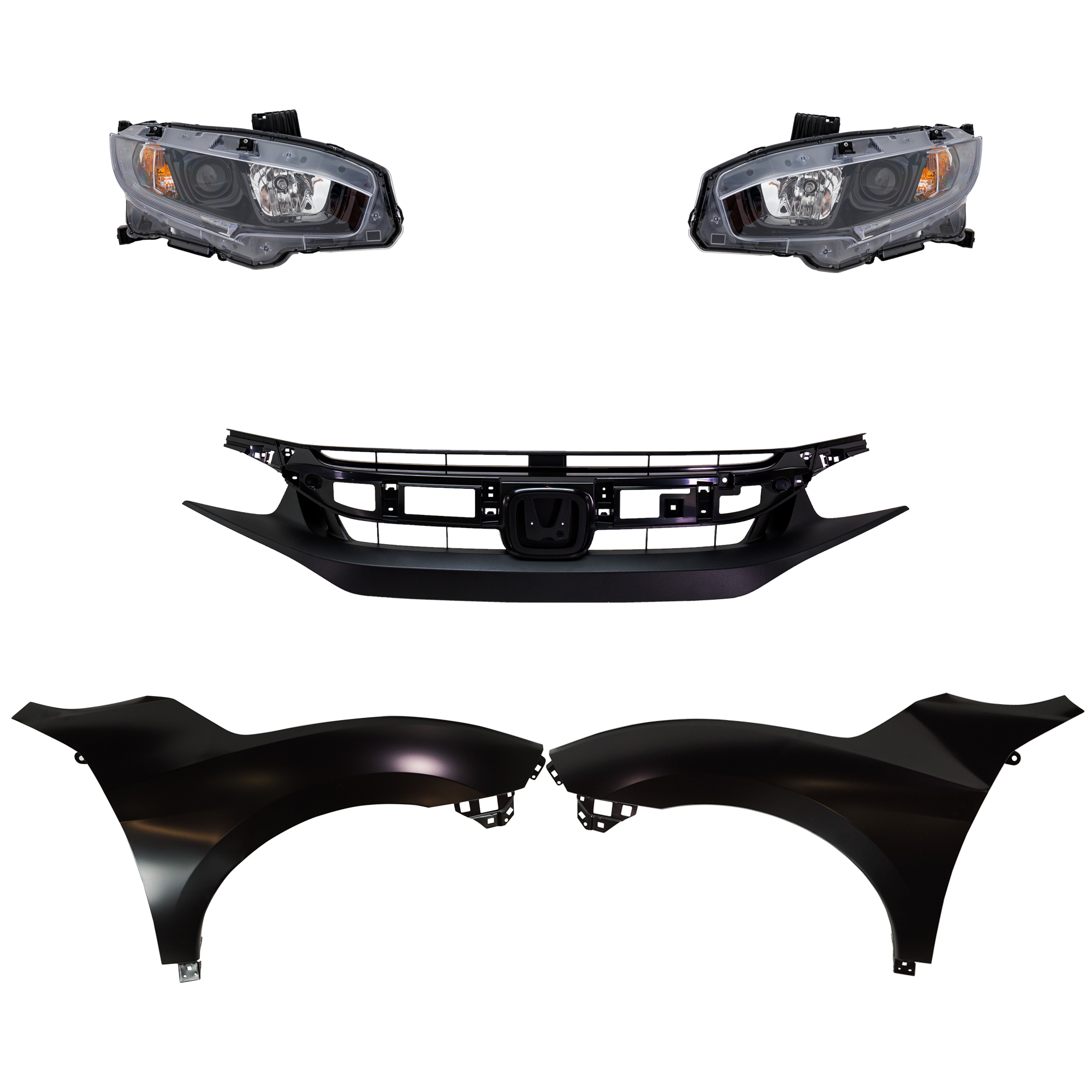 AM CIVIC 19-21 HEAD LAMP RH AND LH Assembly Halogen 5 pc Kit with Fenders and Grille SKU KIT 030323-281 Partslink HO2503192 HO2502192 HO1240200 HO1241200 HO1200241 OEM 33100TBAA31-33150TBAA31-60261T