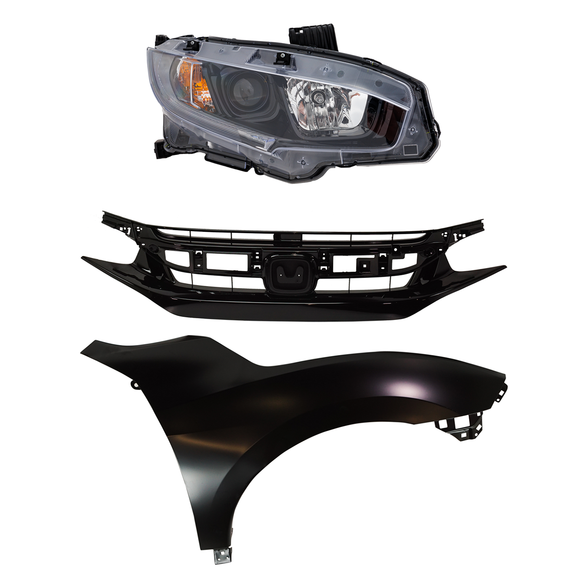 AM CIVIC 19-21 HEAD LAMP RH Assembly Halogen 3 pc Kit with Fender and Grille SKU KIT 030323-28201 Partslink HO2503192 HO1241200 HO1200242 OEM 33100TBAA31-60211TBAA50ZZ 7112