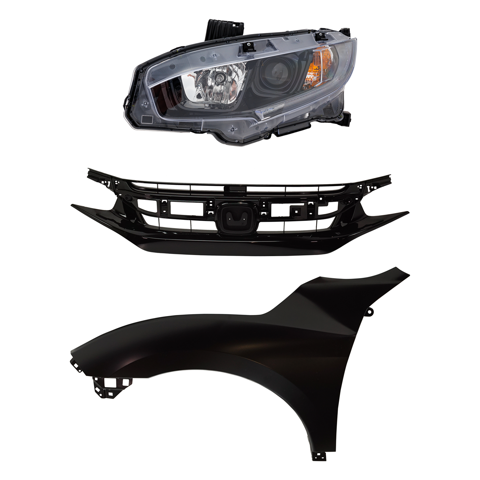 AM CIVIC 19-21 HEAD LAMP LH Assembly Halogen 3 pc Kit with Fender and Grille SKU KIT 030323-28202 Partslink HO2502192 HO1240200 HO1200242 OEM 33150TBAA31-60261TBAA50ZZ 7112