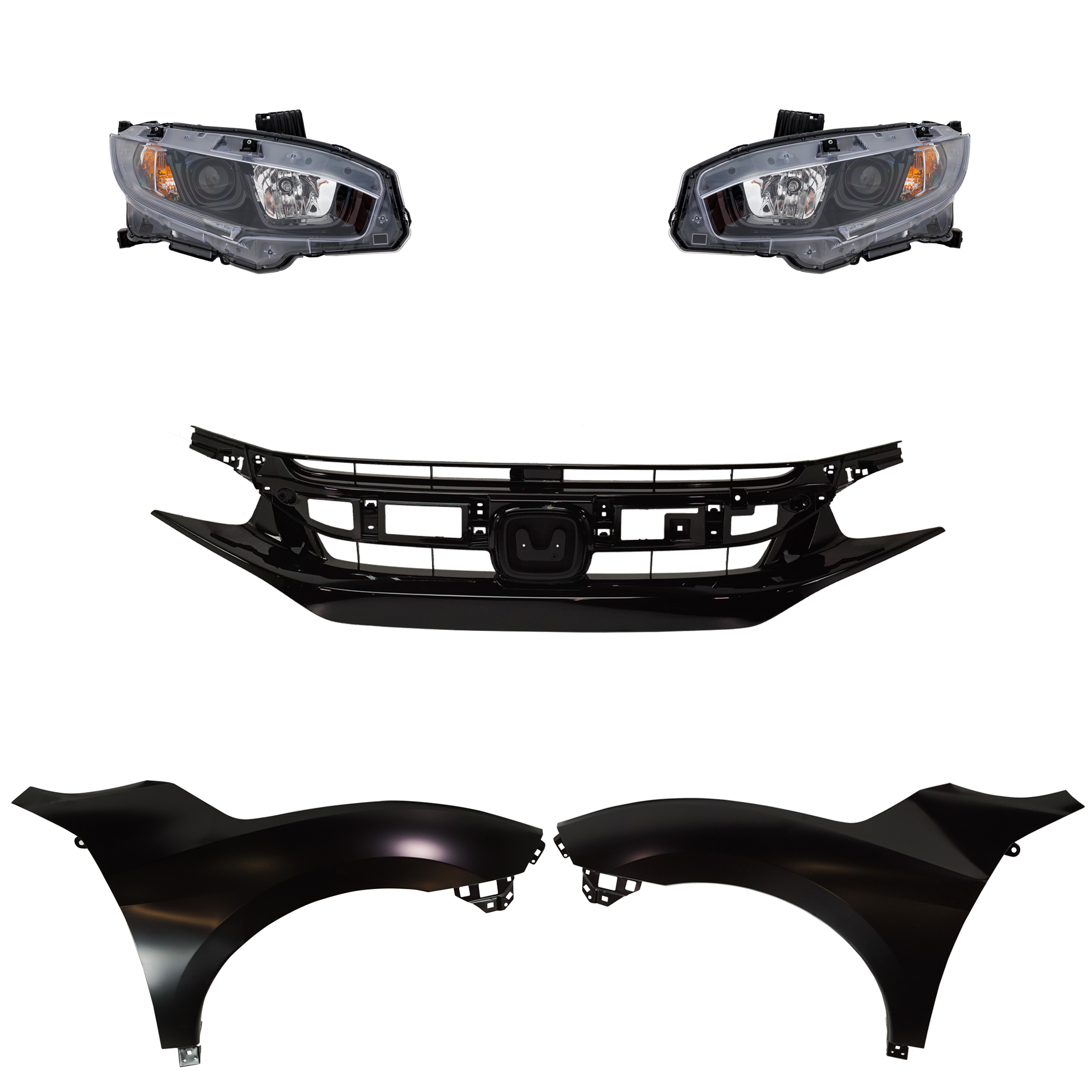 AM CIVIC 19-21 HEAD LAMP RH AND LH Assembly Halogen 5 pc Kit with Fenders and Grille SKU KIT 030323-282 Partslink HO2502192 HO2503192 HO1240200 HO1241200 HO1200242 OEM 33100TBAA31-33150TBAA31-60261T
