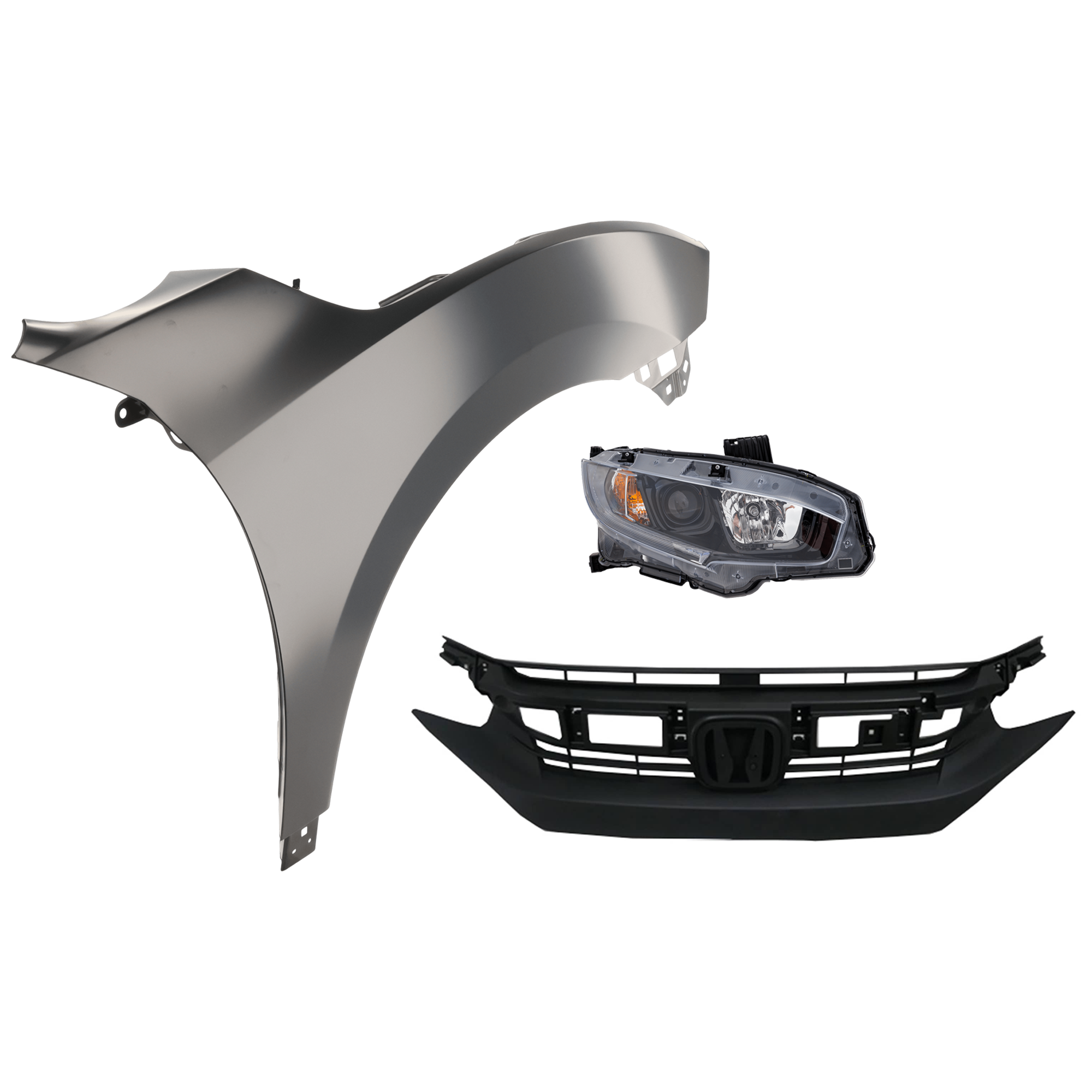 AM CIVIC 19-20 HEAD LAMP RH Assembly Halogen 3 pc Kit with Fender and Grille Insert SKU KIT 030323-28301 Partslink HO2503192 HO1241200 HO1200246 OEM 33100TBAA31-60211TBAA50ZZ 7112