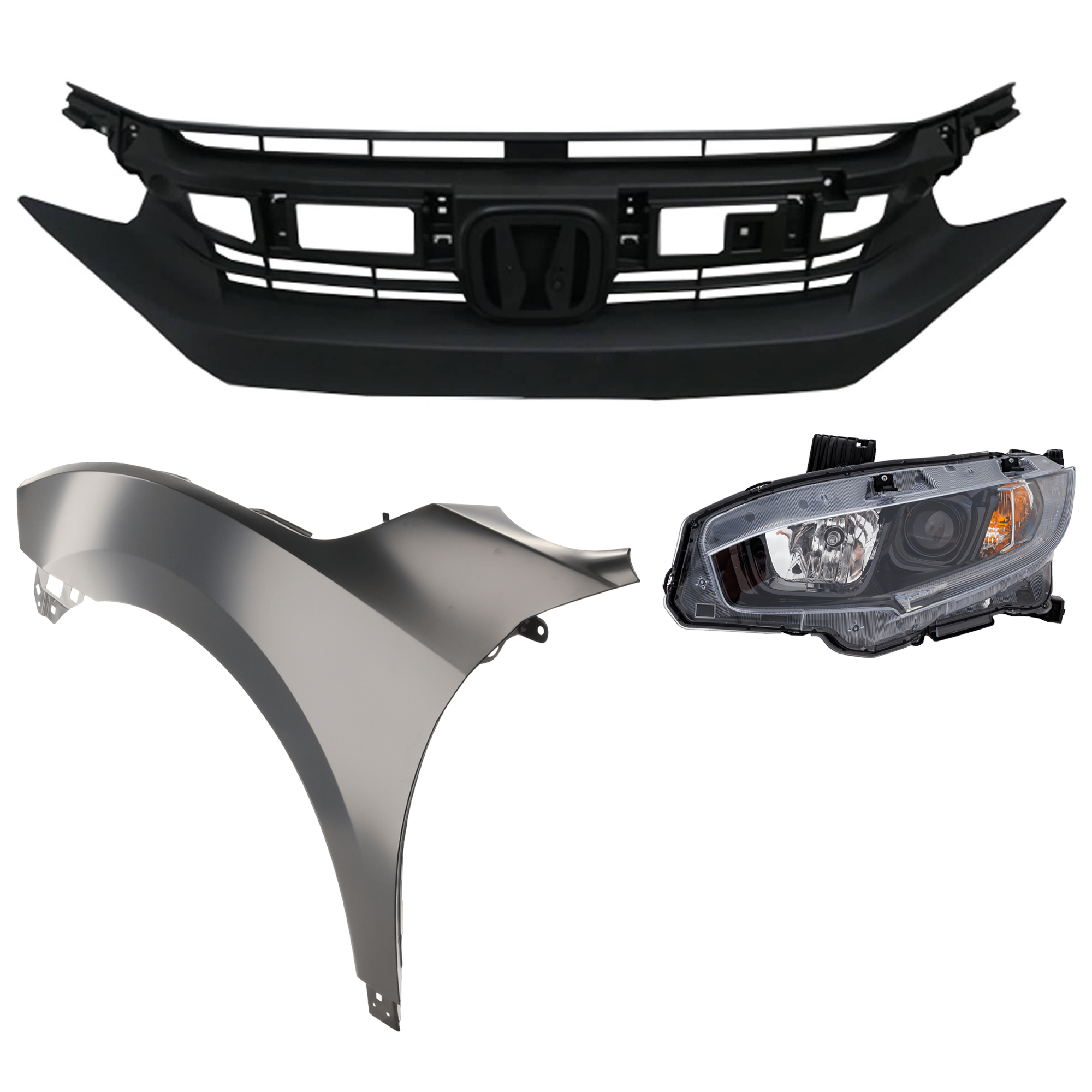 AM CIVIC 19-20 HEAD LAMP LH Assembly Halogen 3 pc Kit with Fender and Grille Insert SKU KIT 030323-28302 Partslink HO2502192 HO1240200 HO1200246 OEM 33150TBAA31-60261TBAA50ZZ 7112