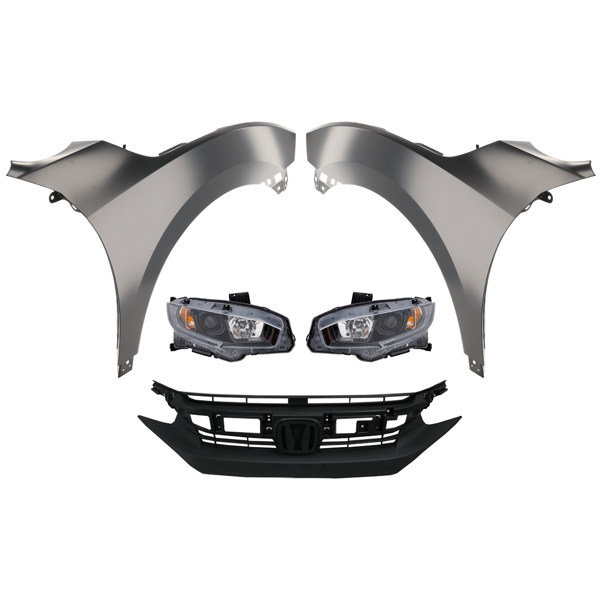AM CIVIC 19-20 HEAD LAMP RH AND LH Assembly Halogen 5 pc Kit with Fenders and Grille Insert SKU KIT 030323-283 Partslink HO2503192 HO2502192 HO1240200 HO1241200 HO1200246 OEM 33100TBAA31-33150TBAA31-60261T