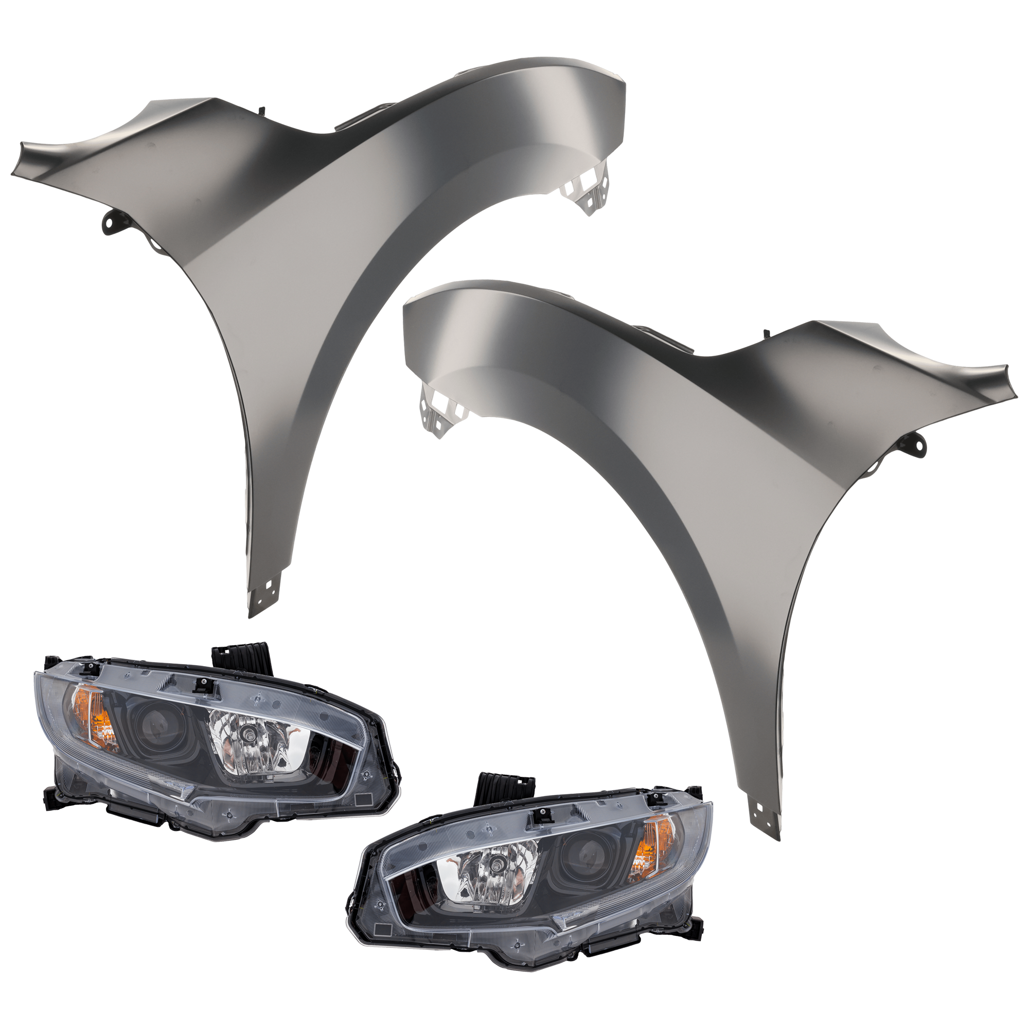 AM CIVIC 19-21 FRONT FENDER RH AND LH Primed 4 pc Kit with Headlights CAPA SKU KIT 030323-28403 Partslink HO1240200C HO1241200C HO2502192C HO2503192C OEM 33100TBAA31-33150TBAA31-60211T