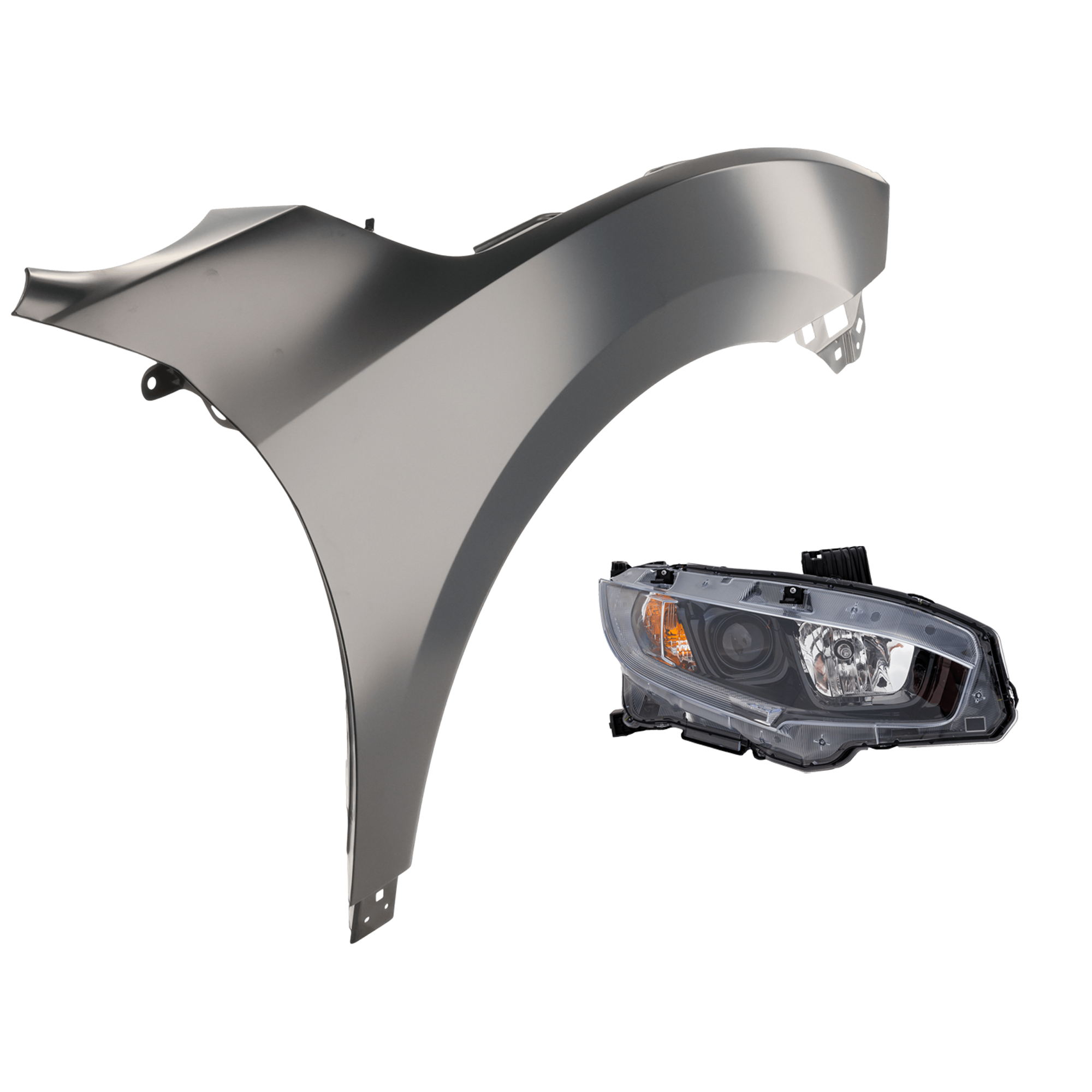 AM CIVIC 19-21 FRONT FENDER RH Primed 2 pc Kit with Headlight CAPA SKU KIT 030323-28404 Partslink HO1241200C HO2503192C OEM 33100TBAA31-60211TBAA50ZZ