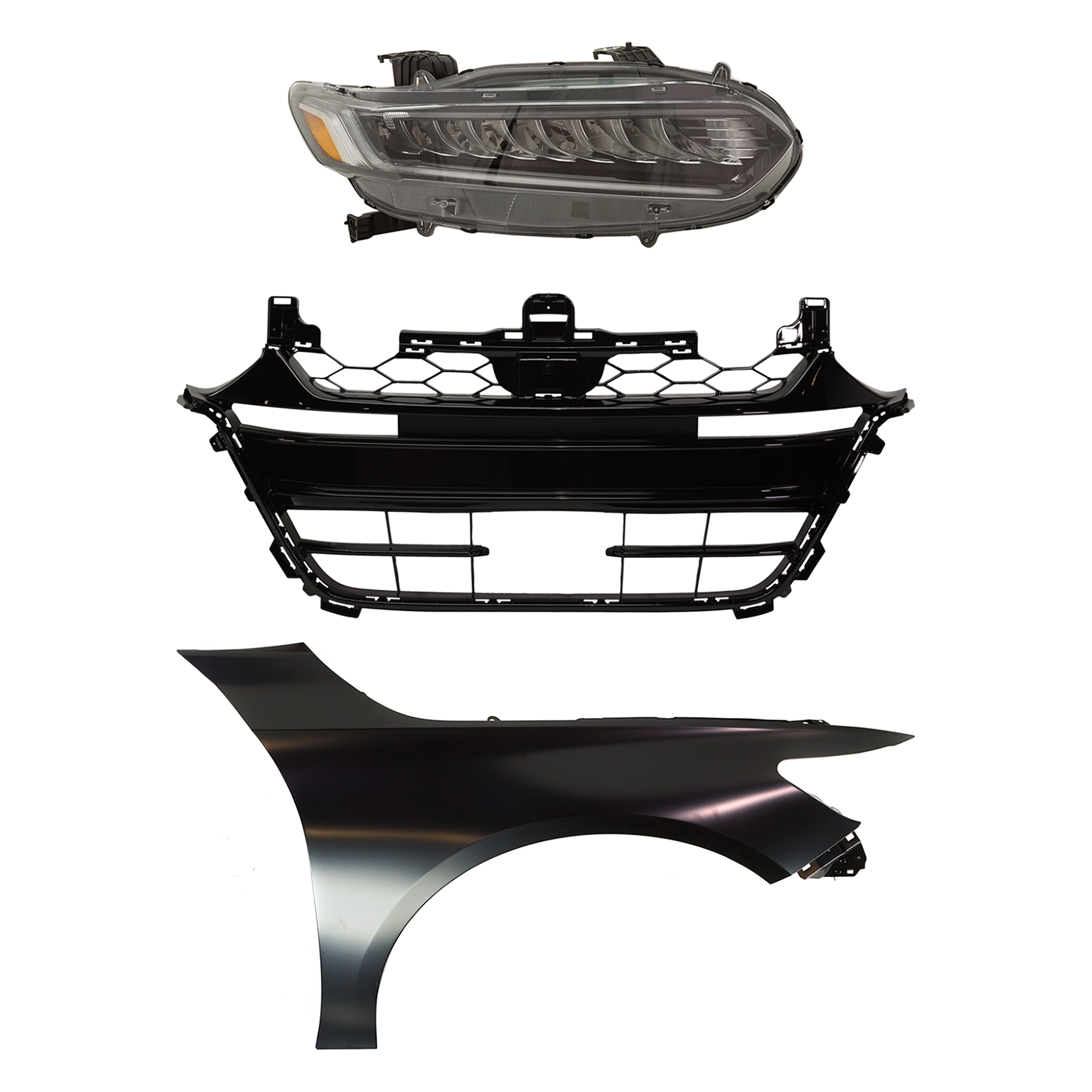 AM ACCORD 18-20 HEAD LAMP RH Assembly LED 3 pc Kit with Fender and Grille Assembly SKU KIT 030323-28701 Partslink HO2503188 HO1241196 HO1036130 OEM 33100TVAA11-60210TVAA00ZZ 7111