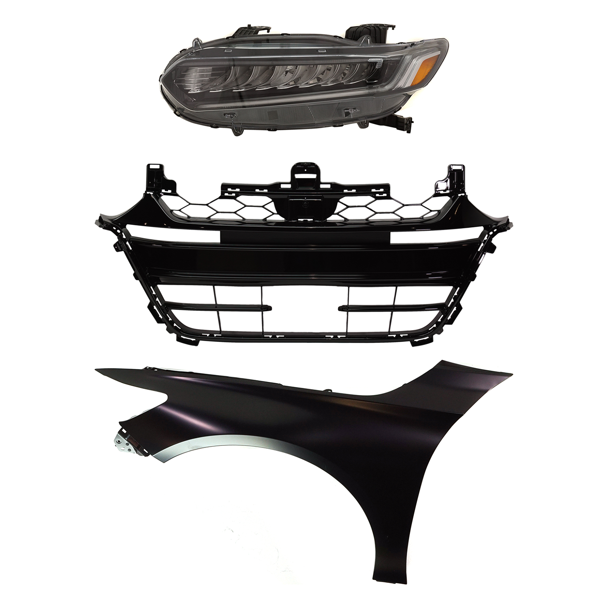 AM ACCORD 18-20 HEAD LAMP LH Assembly LED 3 pc Kit with Fender and Grille Assembly SKU KIT 030323-28702 Partslink HO2502188 HO1240196 HO1036130 OEM 33150TVAA11-60260TVAA00ZZ 7111