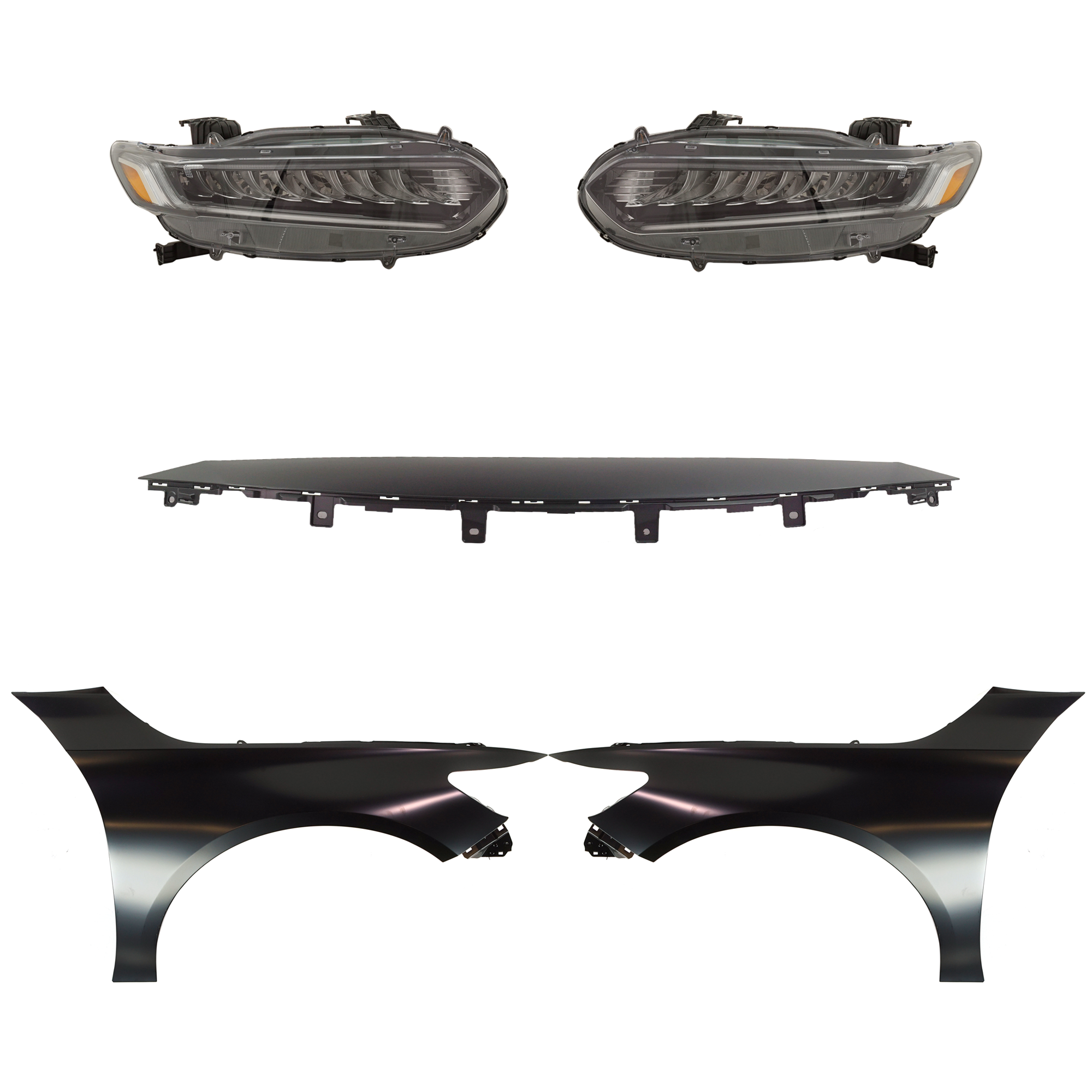 AM ACCORD 18-20 HEAD LAMP RH AND LH Assembly LED 5 pc Kit with Fenders and Grille Assembly SKU KIT 030323-288 Partslink HO2502188 HO2503188 HO1240196 HO1241196 HO1210155 OEM 33100TVAA11-33150TVAA11-60260T