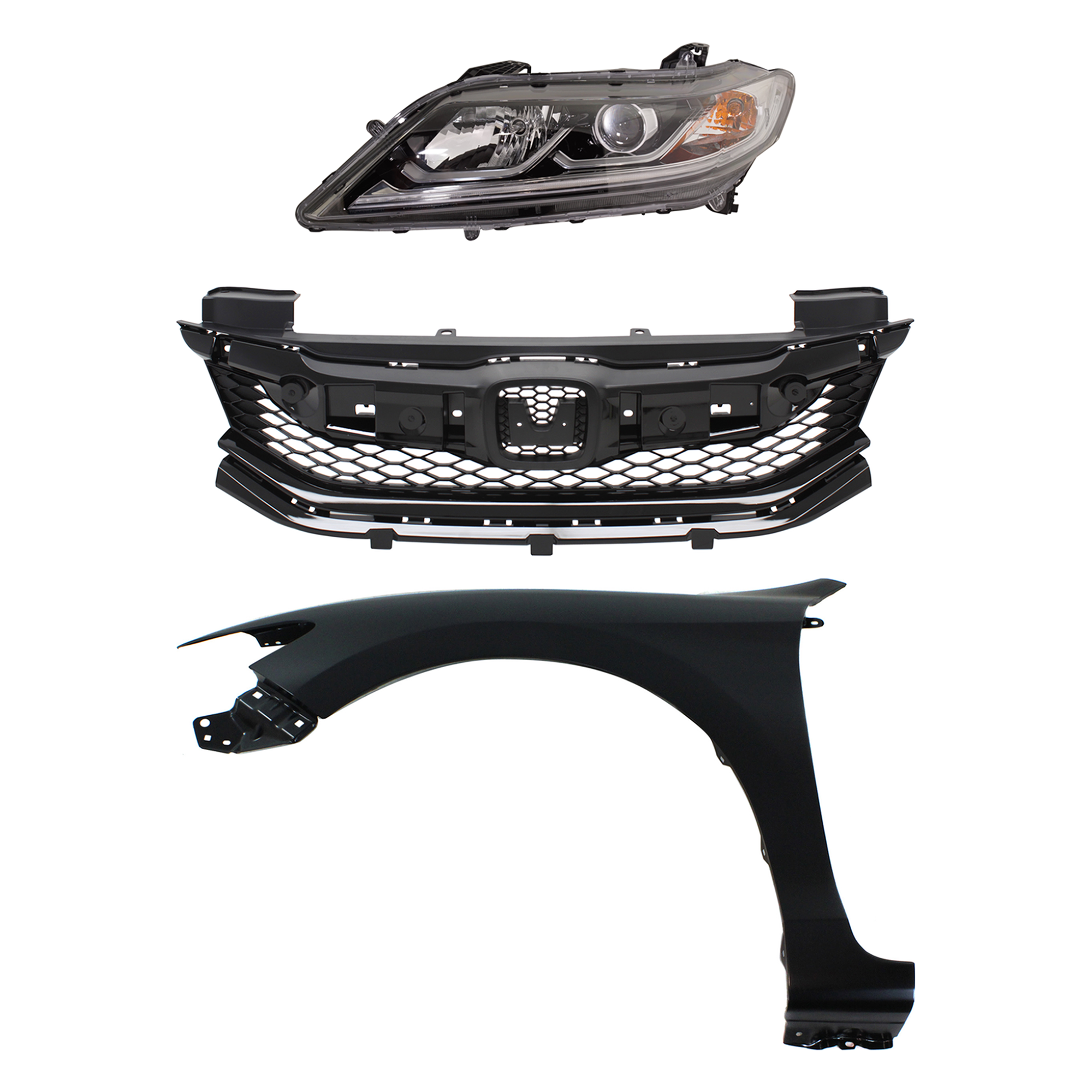 AM ACCORD 16-17 HEAD LAMP LH Assembly Halogen 3 pc Kit with Fender and Grille Assembly SKU KIT 030323-29102 Partslink HO2502181 HO1240186 HO1200230 OEM 33150T3LA31-60261T3LA90ZZ 7112