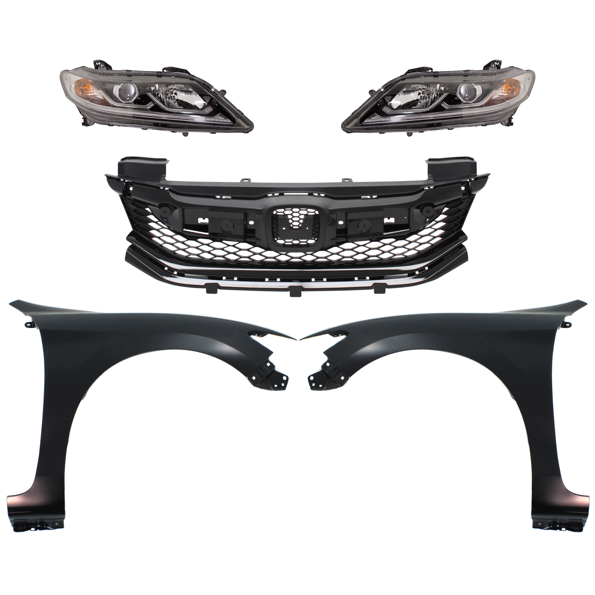 AM ACCORD 16-17 HEAD LAMP RH AND LH Assembly Halogen 5 pc Kit with Fenders and Grille Assembly SKU KIT 030323-291 Partslink HO2502181 HO2503181 HO1241186 HO1240186 HO1200230 OEM 33100T3LA31-33150T3LA31-60211T