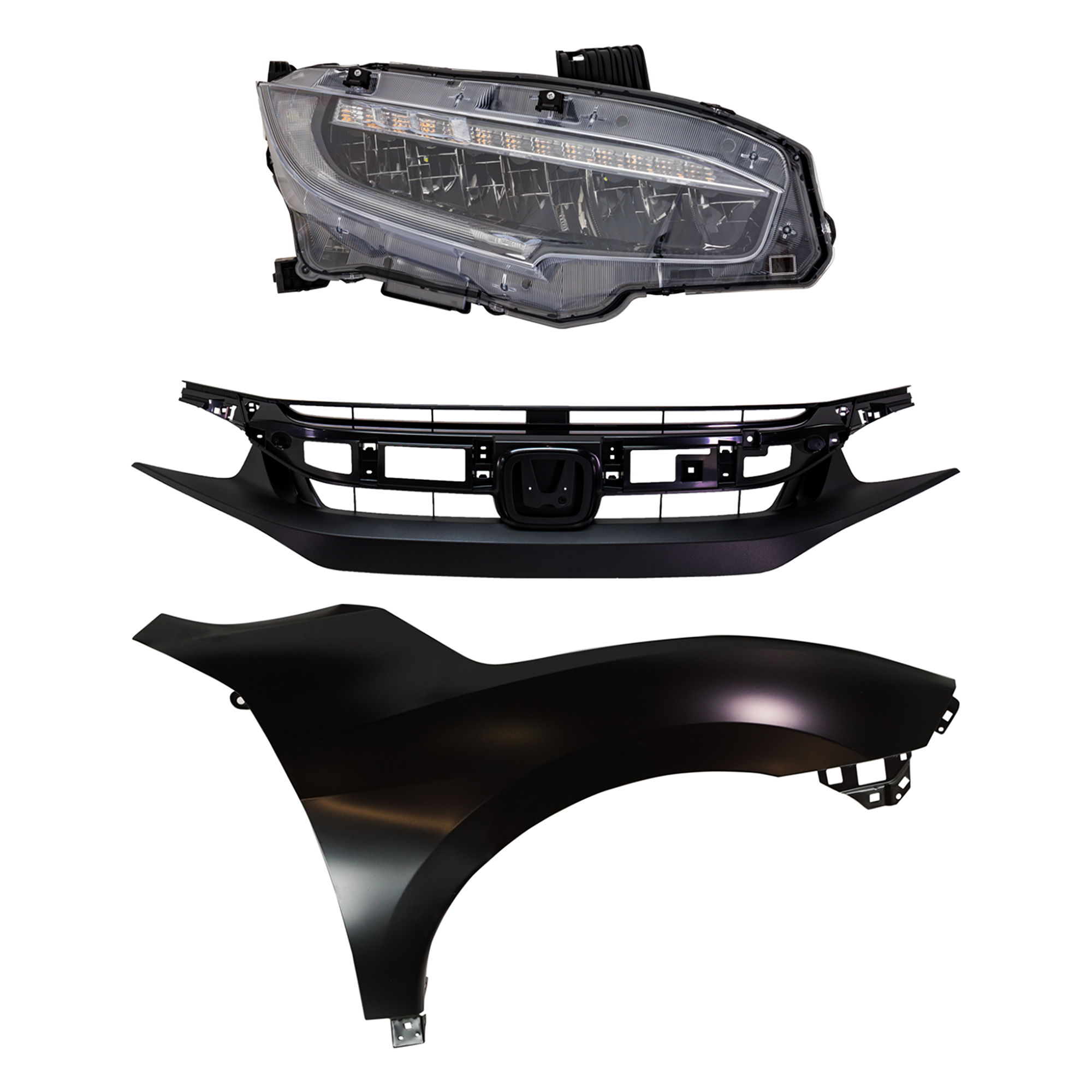 AM CIVIC 19-19 HEAD LAMP RH Assembly LED 3 pc Kit with Fender and Grille Assembly SKU KIT 030323-29701 Partslink HO2503195 HO1241200 HO1200241 OEM 33100TBAA22-06331TBA305-60211T