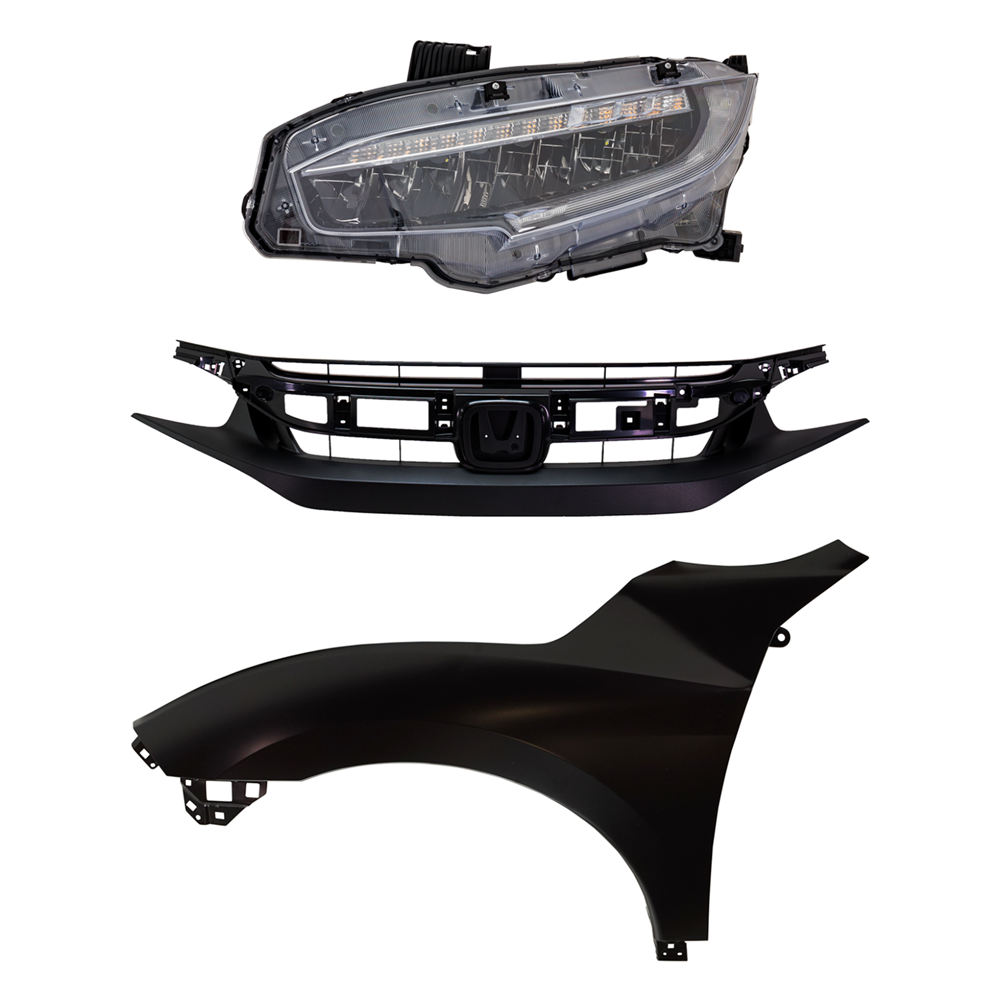 AM CIVIC 19-19 HEAD LAMP LH Assembly LED 3 pc Kit with Fender and Grille Assembly SKU KIT 030323-29702 Partslink HO2502195 HO1240200 HO1200241 OEM 33150TBAA22-06336TBA305-60261T