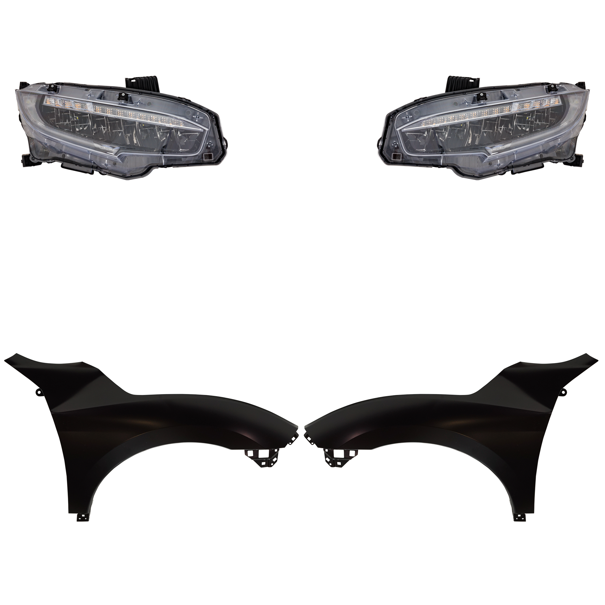 AM CIVIC 19-19 HEAD LAMP RH AND LH Assembly LED 4 pc Kit with Fenders SKU KIT 030323-29703 Partslink HO2503195 HO2502195 HO1240200 HO1241200 OEM 33100TBAA22-06331TBA305-33150T