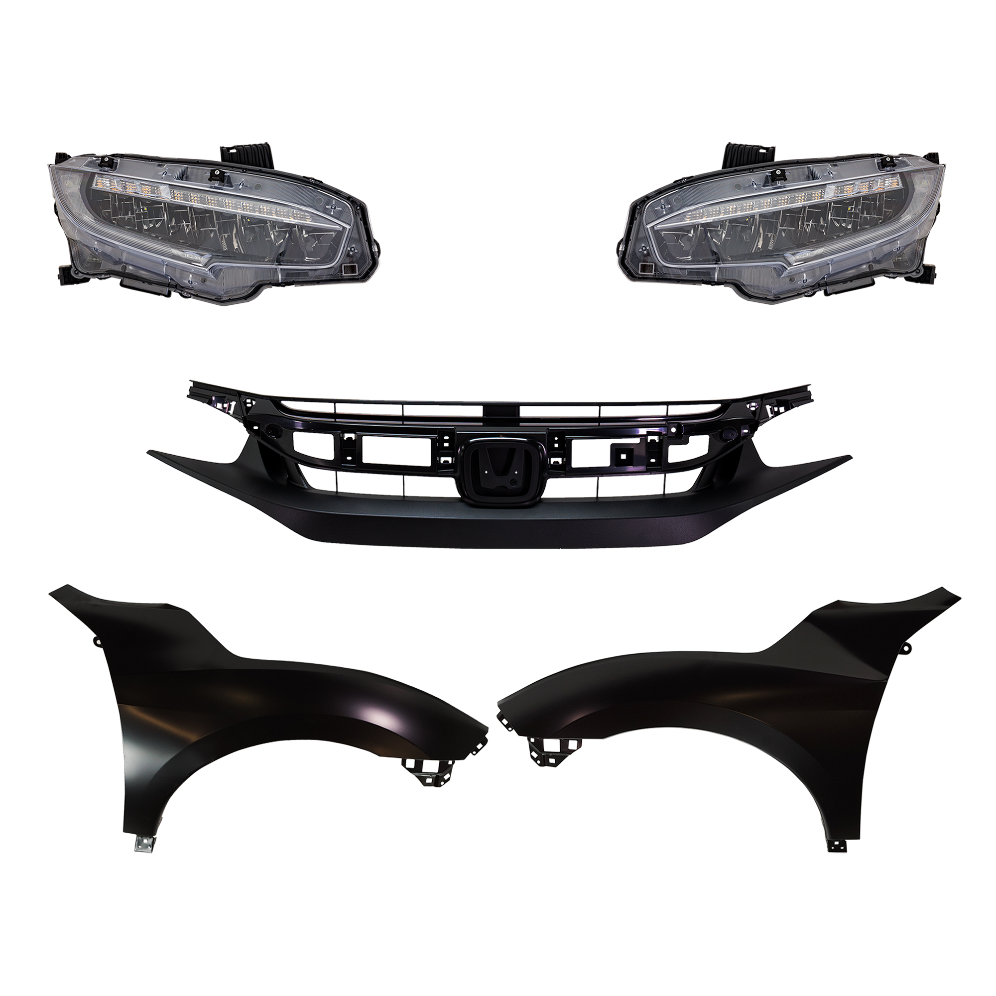 AM CIVIC 19-19 HEAD LAMP RH AND LH Assembly LED 5 pc Kit with Fenders and Grille Assembly SKU KIT 030323-297 Partslink HO2503195 HO2502195 HO1240200 HO1241200 HO1200241 OEM 33100TBAA22-06331TBA305-33150T
