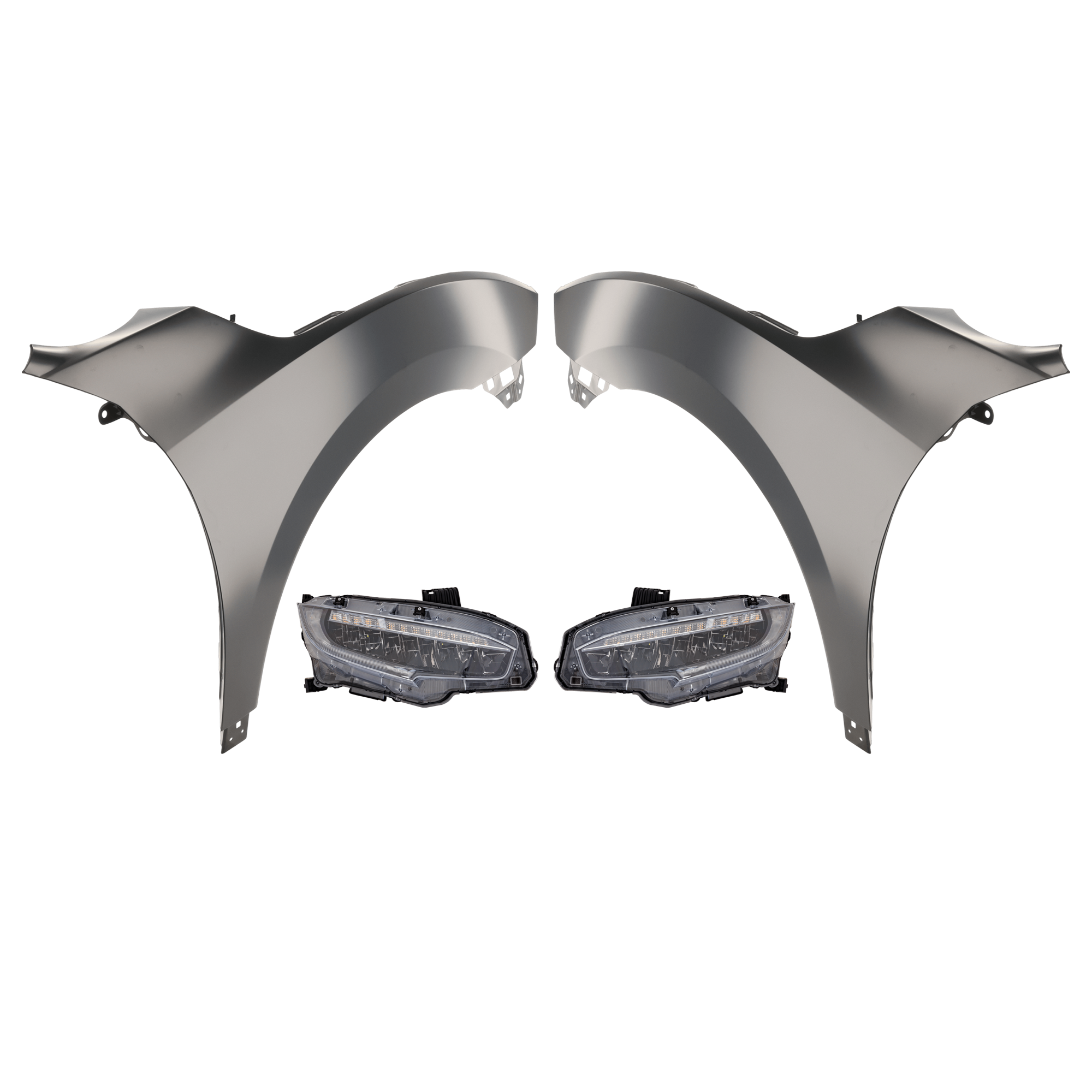 AM CIVIC 19-21 FRONT FENDER RH AND LH 4 pc Kit with Headlights SKU KIT 030323-29803 Partslink HO1240200C HO1241200C HO2502195C HO2503195C OEM 33100TBAA22-06331TBA305-33150T