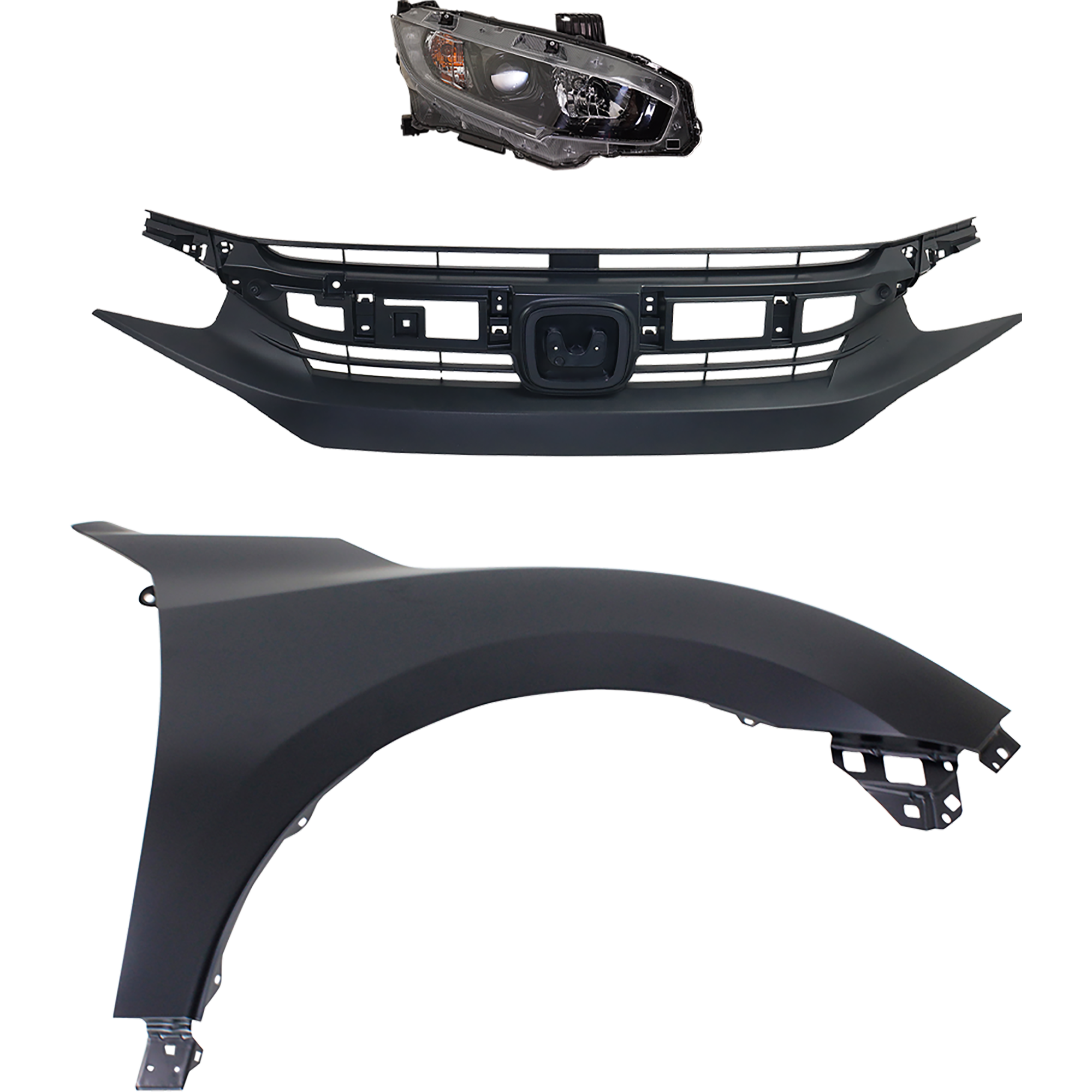 AM CIVIC 18-18 HEAD LAMP RH Assembly Halogen 3 pc Kit with Fender and Grille SKU KIT 030323-29901 Partslink HO2503198 HO1241192 HO1200231 OEM 33100TEGA01-60211TBAA00ZZ 7112