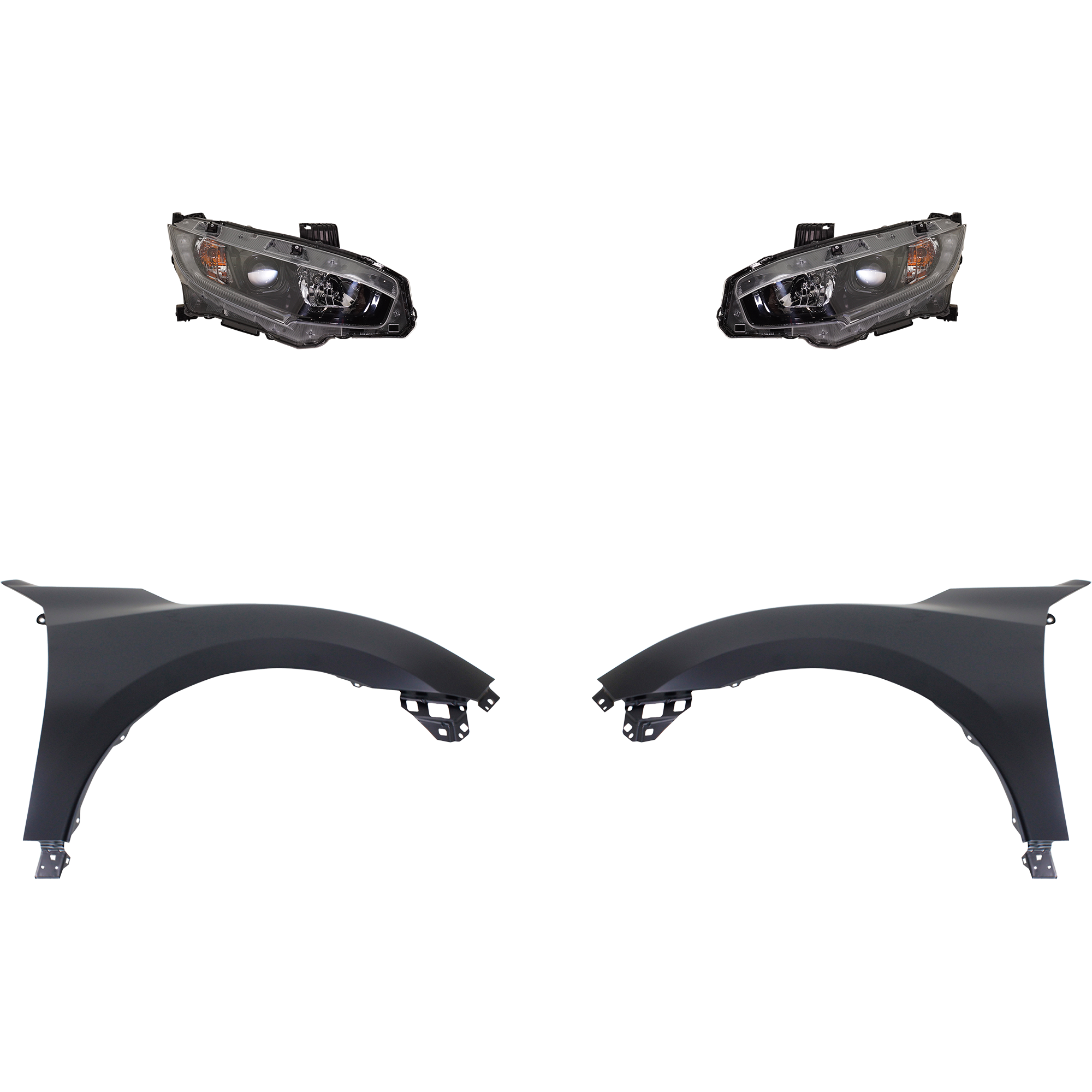AM CIVIC 18-18 HEAD LAMP RH AND LH Assembly Halogen 4 pc Kit with Fenders SKU KIT 030323-29903 Partslink HO2503198 HO2502198 HO1240192 HO1241192 OEM 33100TEGA01-33150TEGA01-60261T
