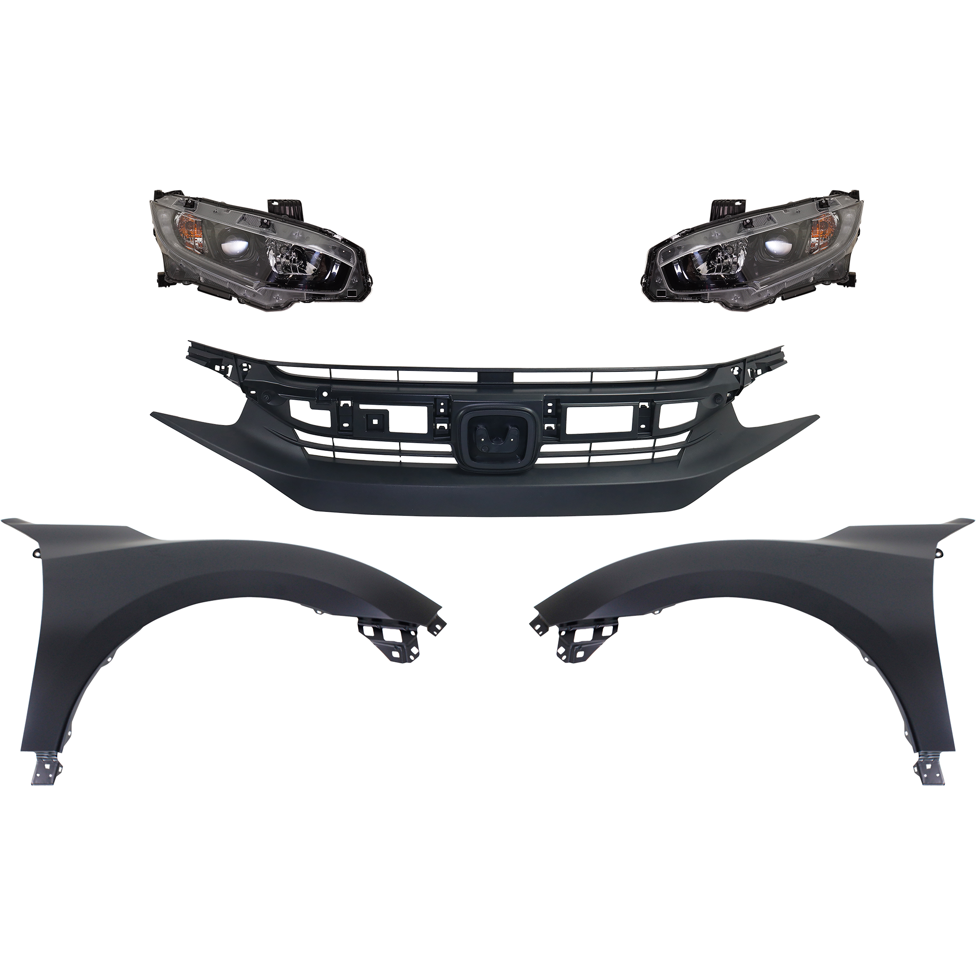 AM CIVIC 18-18 HEAD LAMP RH AND LH Assembly Halogen 5 pc Kit with Fenders and Grille Assembly SKU KIT 030323-299 Partslink HO2503198 HO2502198 HO1240192 HO1241192 HO1200231 OEM 33100TEGA01-33150TEGA01-60261T