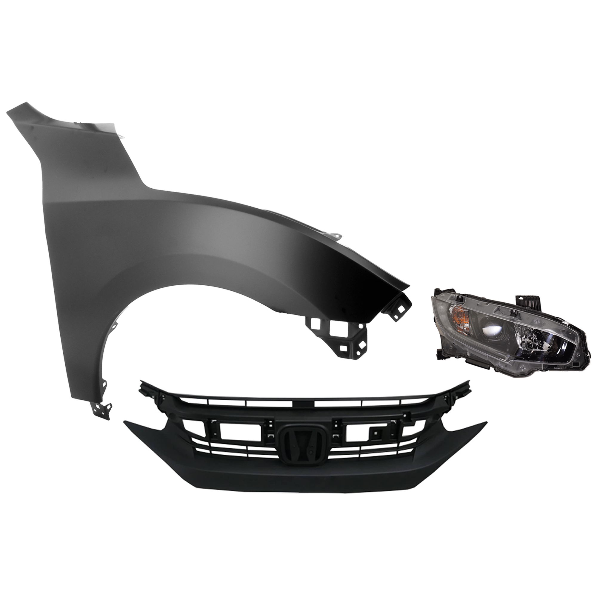 AM CIVIC 18-18 HEAD LAMP RH Assembly Halogen 3 pc Kit with Fender and Grille Insert SKU KIT 030323-30001 Partslink HO2503198 HO1241192 HO1200246 OEM 33100TEGA01-60211TBAA00ZZ 7112