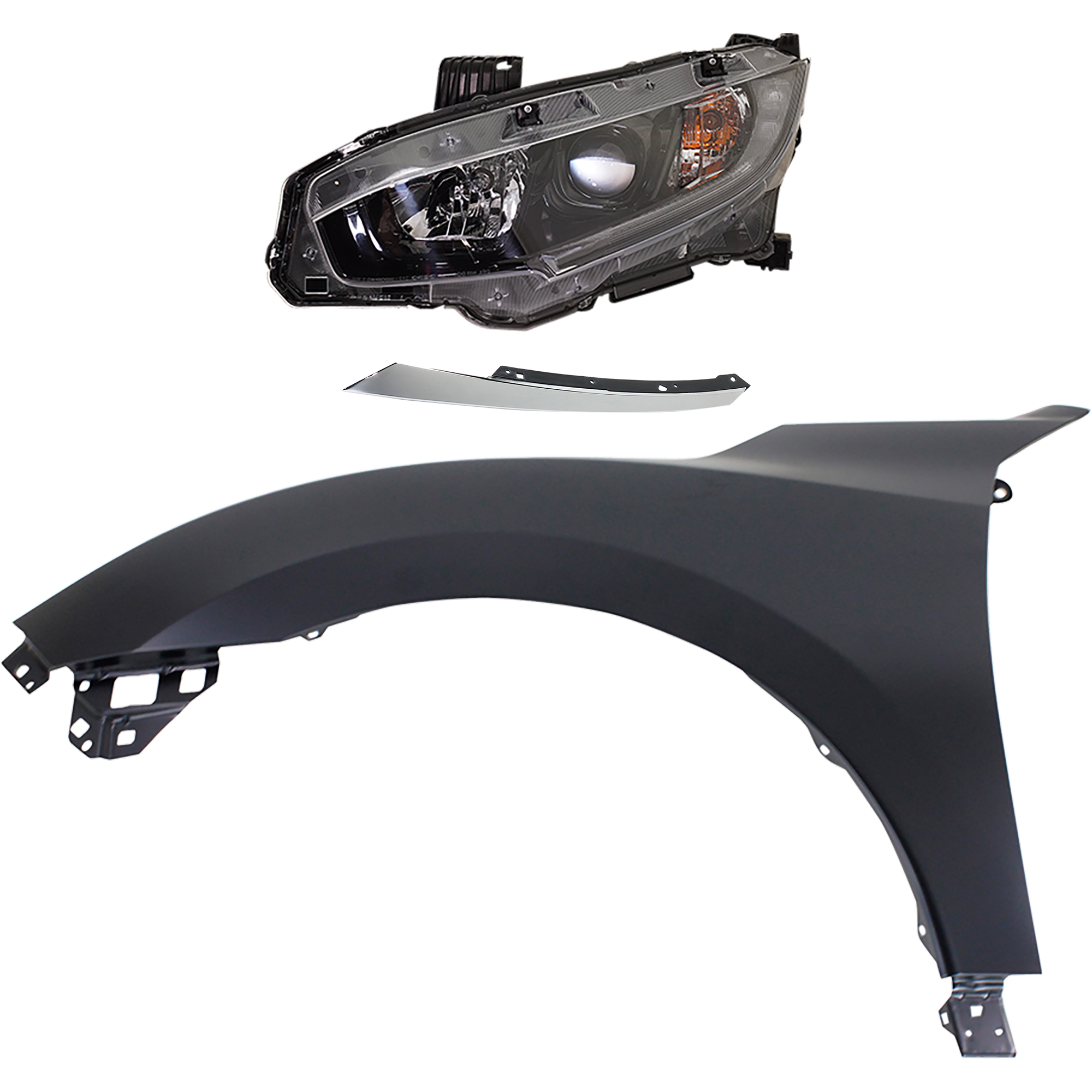 AM CIVIC 18-18 HEAD LAMP LH Assembly Halogen 3 pc Kit with Fender and Grille Assembly SKU KIT 030323-30102 Partslink HO2502198 HO1240192 HO1212117 OEM 33150TEGA01-60261TBAA00ZZ 7112