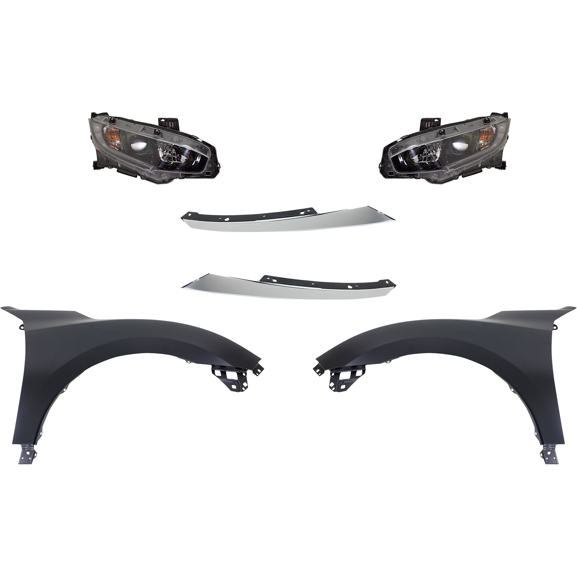 AM CIVIC 18-18 HEAD LAMP RH AND LH Assembly Halogen 6 pc Kit with Fenders and Grille Assembly SKU KIT 030323-301 Partslink HO2503198 HO2502198 HO1240192 HO1241192 HO1212117 HO1213117 OEM 33100TEGA01-33150TEGA01-60261T