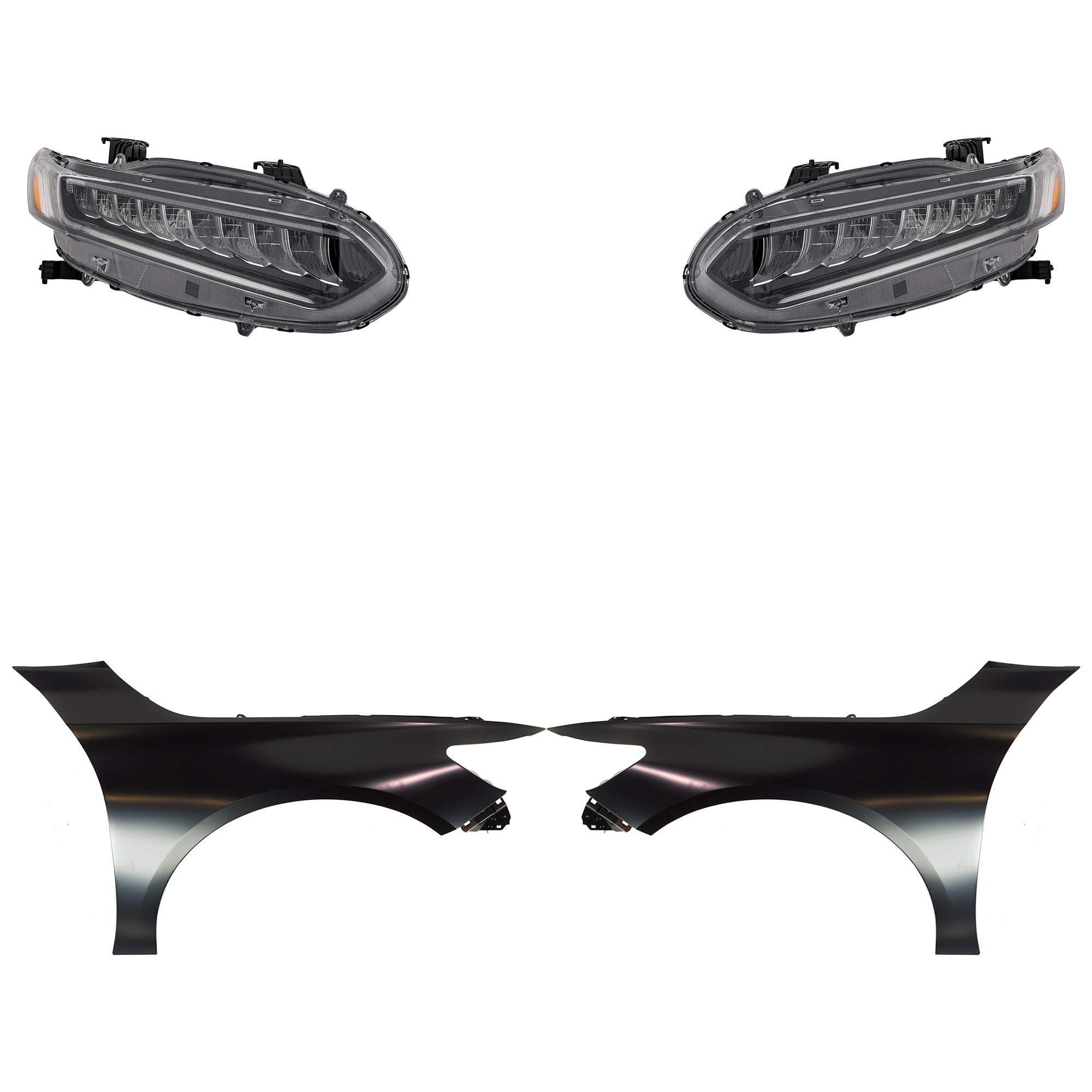 AM ACCORD 21-21 HEAD LAMP RH AND LH Assembly LED 4 pc Kit with Fenders SKU KIT 030323-30403 Partslink HO2502201 HO2503201 HO1240196 HO1241196 OEM 33100TVAA91-33150TVAA91-60260T