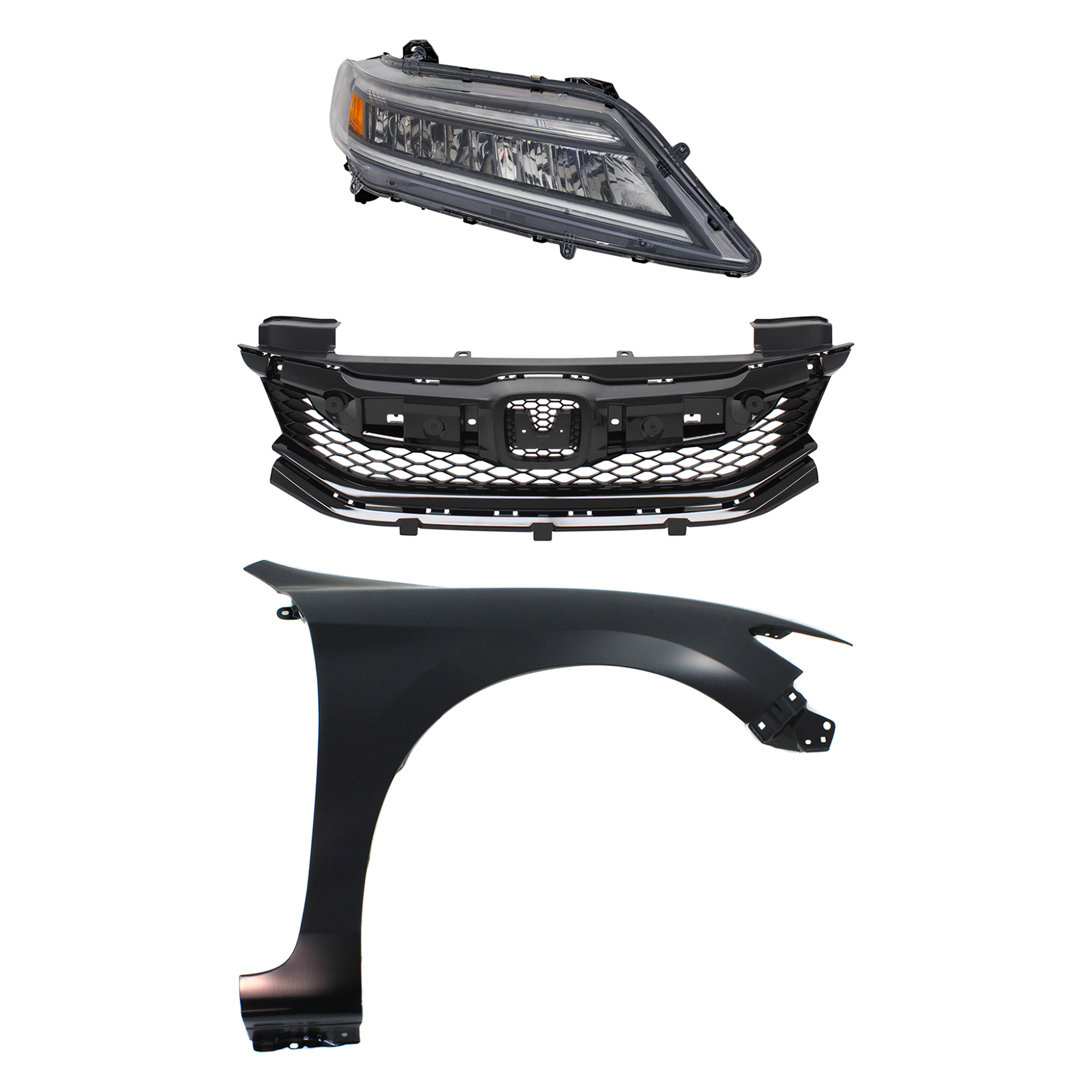 AM ACCORD 16-17 HEAD LAMP RH 3 pc Kit Assembly LED with Fender and Grille SKU KIT 030323-30601 Partslink HO2503184 HO1241186 HO1200230 OEM 33100T3LA51-60211T3LA90ZZ 7112