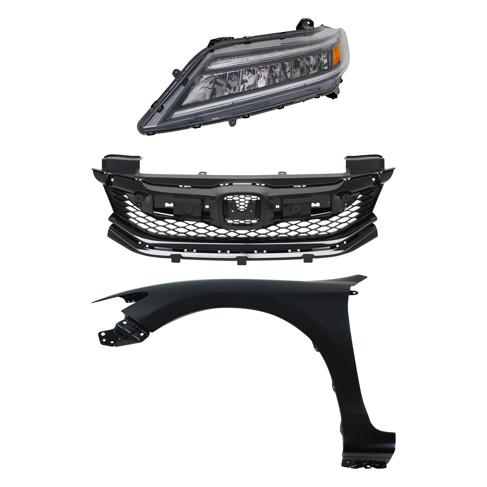 AM ACCORD 16-17 HEAD LAMP LH 3 pc Kit Assembly LED with Fender and Grille SKU KIT 030323-30602 Partslink HO2502184 HO1240186 HO1200230 OEM 33150T3LA52-60261T3LA90ZZ 7112