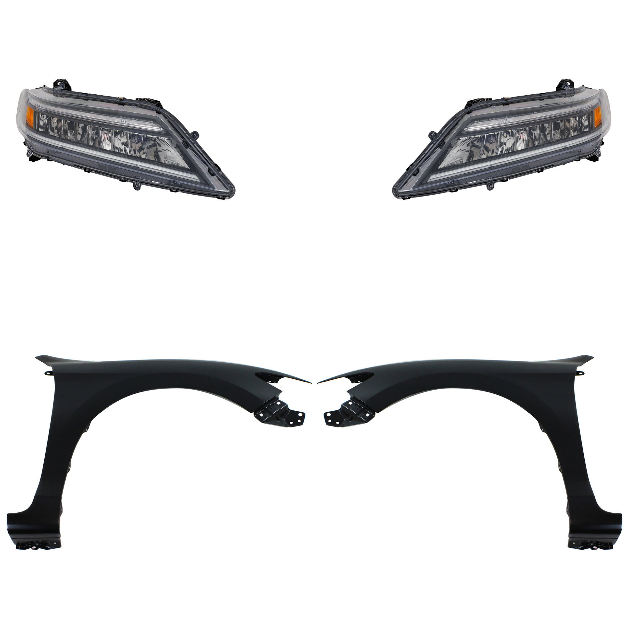 AM ACCORD 16-17 HEAD LAMP RH AND LH LED Assembly 4 pc Kit with Fenders SKU KIT 030323-30603 Partslink HO2503184 HO2502184 HO1240186 HO1241186 OEM 33100T3LA51-33150T3LA52-60261T