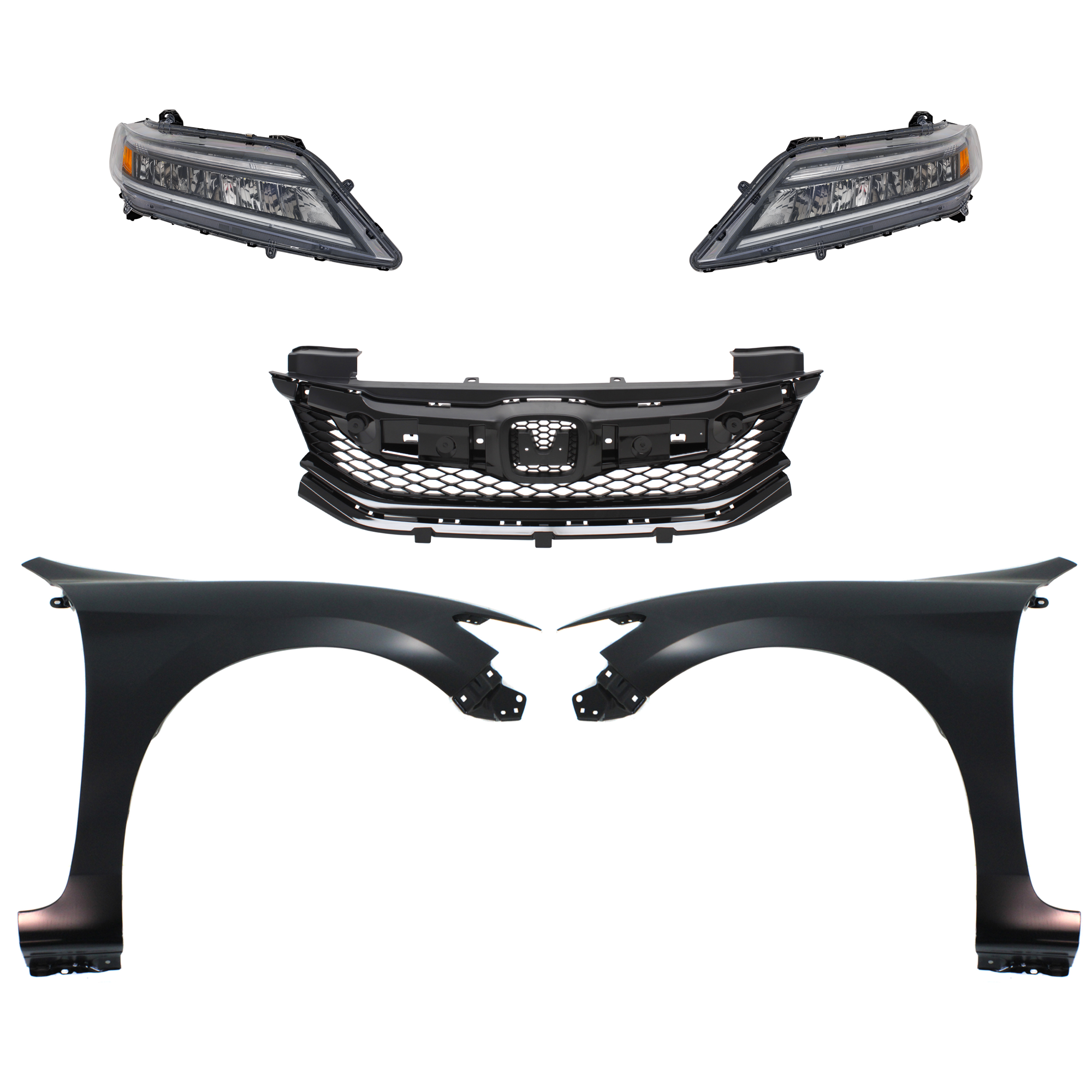 AM ACCORD 16-17 HEAD LAMP RH AND LH 5 pc Kit Assembly LED with Fenders and Grille SKU KIT 030323-306 Partslink HO2502184 HO2503184 HO1241186 HO1240186 HO1200230 OEM 33100T3LA51-33150T3LA52-60211T