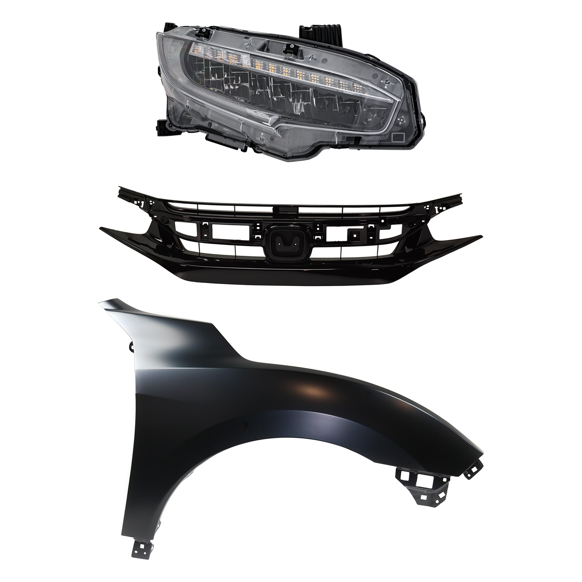 AM CIVIC 20-20 HEAD LAMP RH Assembly LED 3 pc Kit with Fender and Grille Assembly SKU KIT 030323-31701 Partslink HO2503199 HO1241195 HO1200242 OEM 33100TBAA23-60211TGGA00ZZ 7112