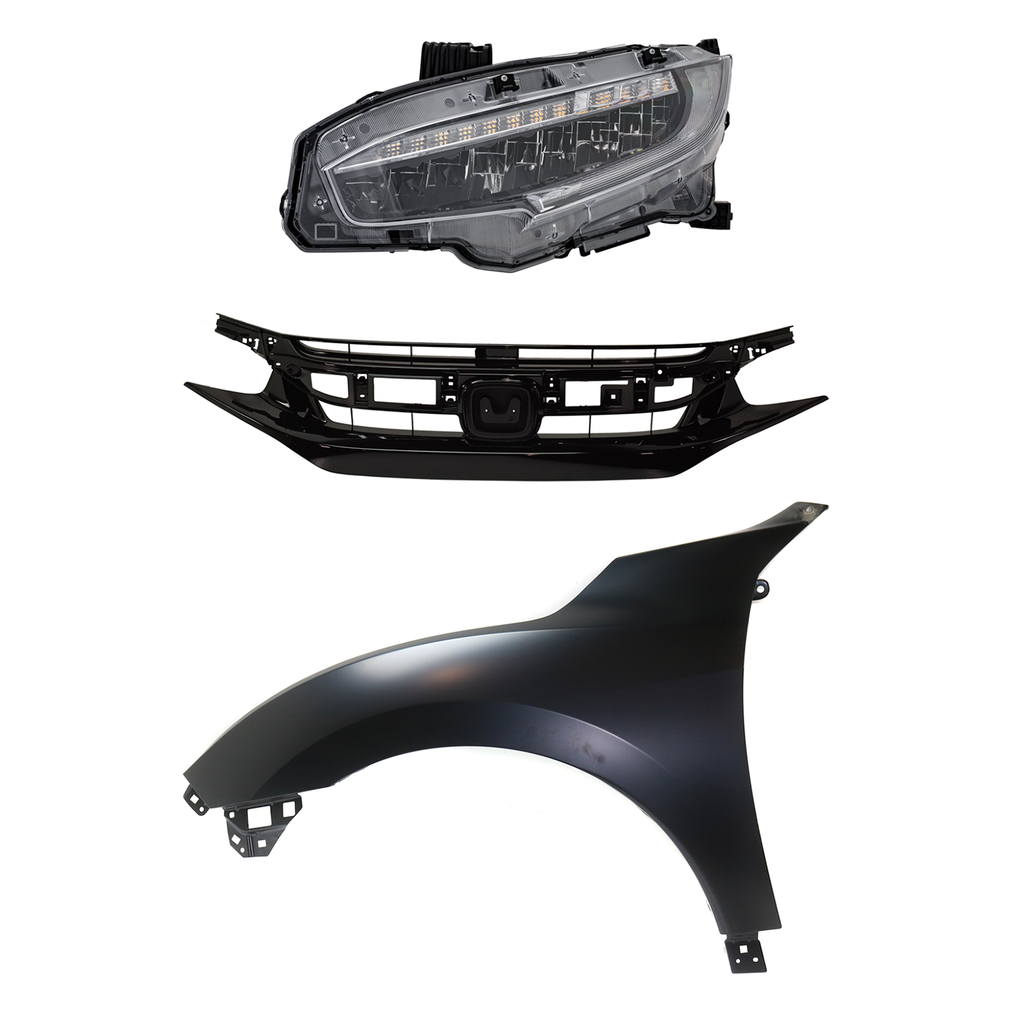 AM CIVIC 20-20 HEAD LAMP LH Assembly LED 3 pc Kit with Fender and Grille Assembly SKU KIT 030323-31702 Partslink HO2502199 HO1240195 HO1200242 OEM 33150TBAA23-60261TGGA00ZZ 7112