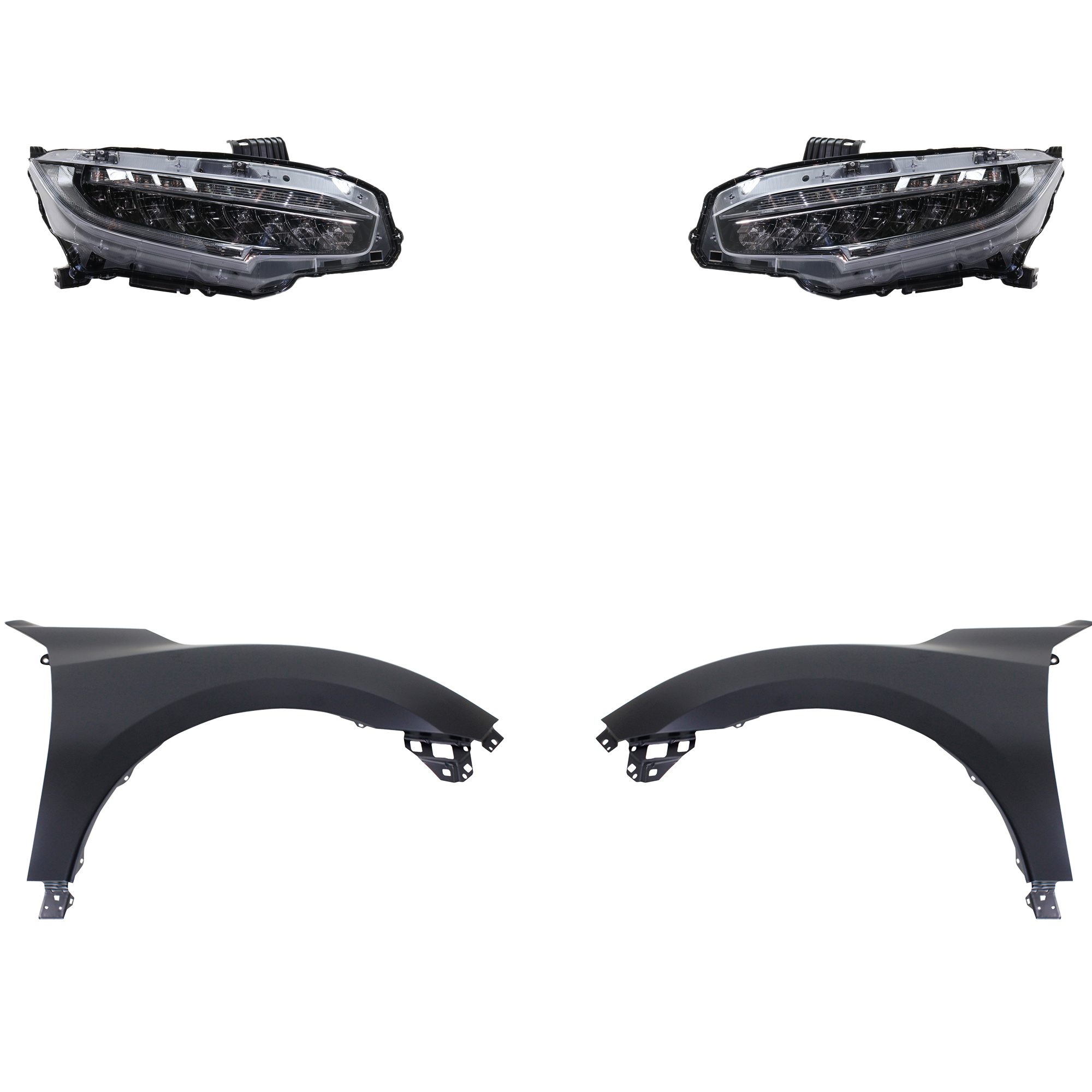 AM CIVIC 20-20 HEAD LAMP RH AND LH Assembly LED 4 pc Kit with Fenders SKU KIT 030323-31703 Partslink HO2503199 HO2502199 HO1240195 HO1241195 OEM 33100TBAA23-33150TBAA23-60261T