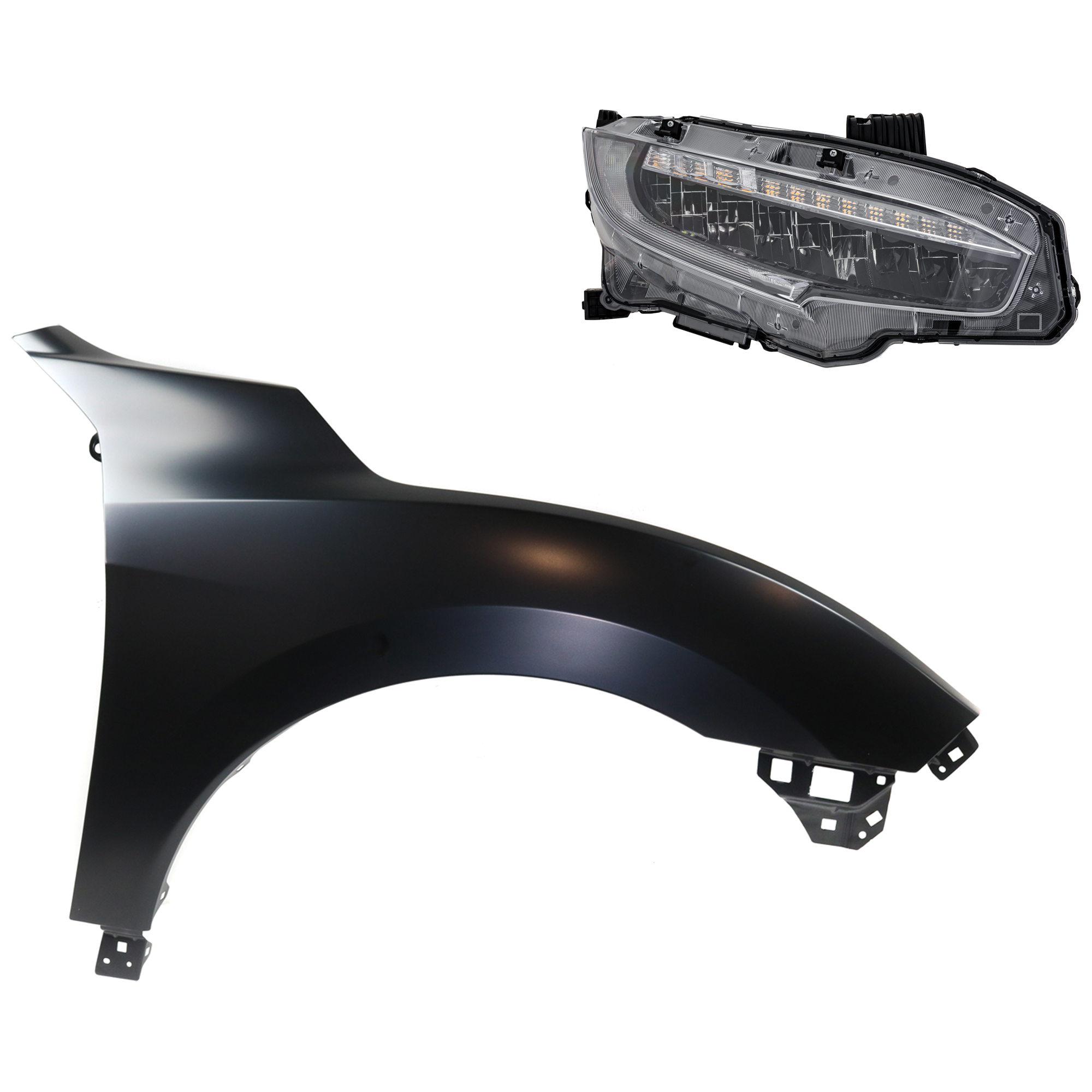 AM CIVIC 20-20 HEAD LAMP RH Assembly LED 2 pc Kit with Fender SKU KIT 030323-31704 Partslink HO2503199 HO1241195 OEM 33100TBAA23-60211TGGA00ZZ