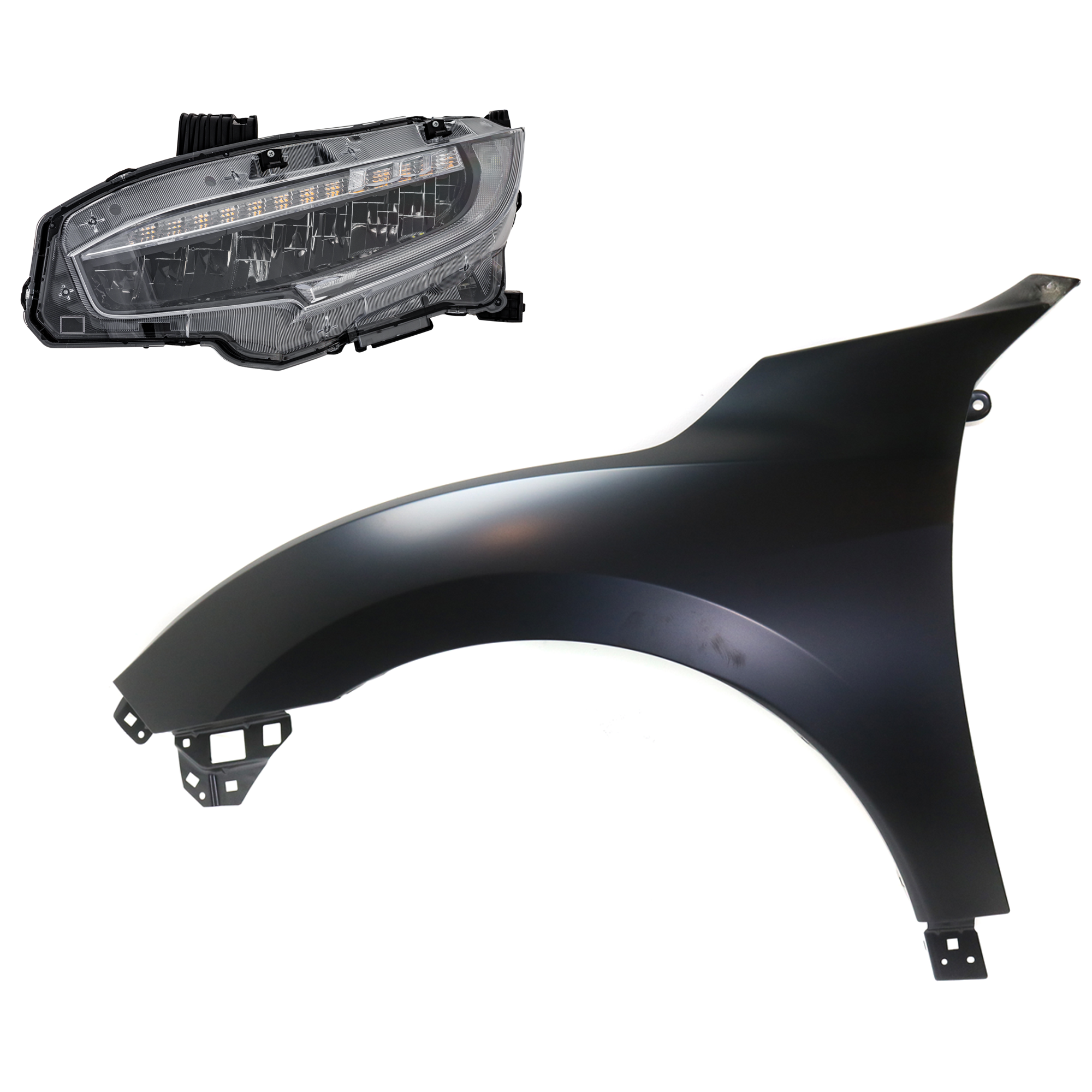 AM CIVIC 20-20 HEAD LAMP LH Assembly LED 2 pc Kit with Fender SKU KIT 030323-31705 Partslink HO2502199 HO1240195 OEM 33150TBAA23-60261TGGA00ZZ