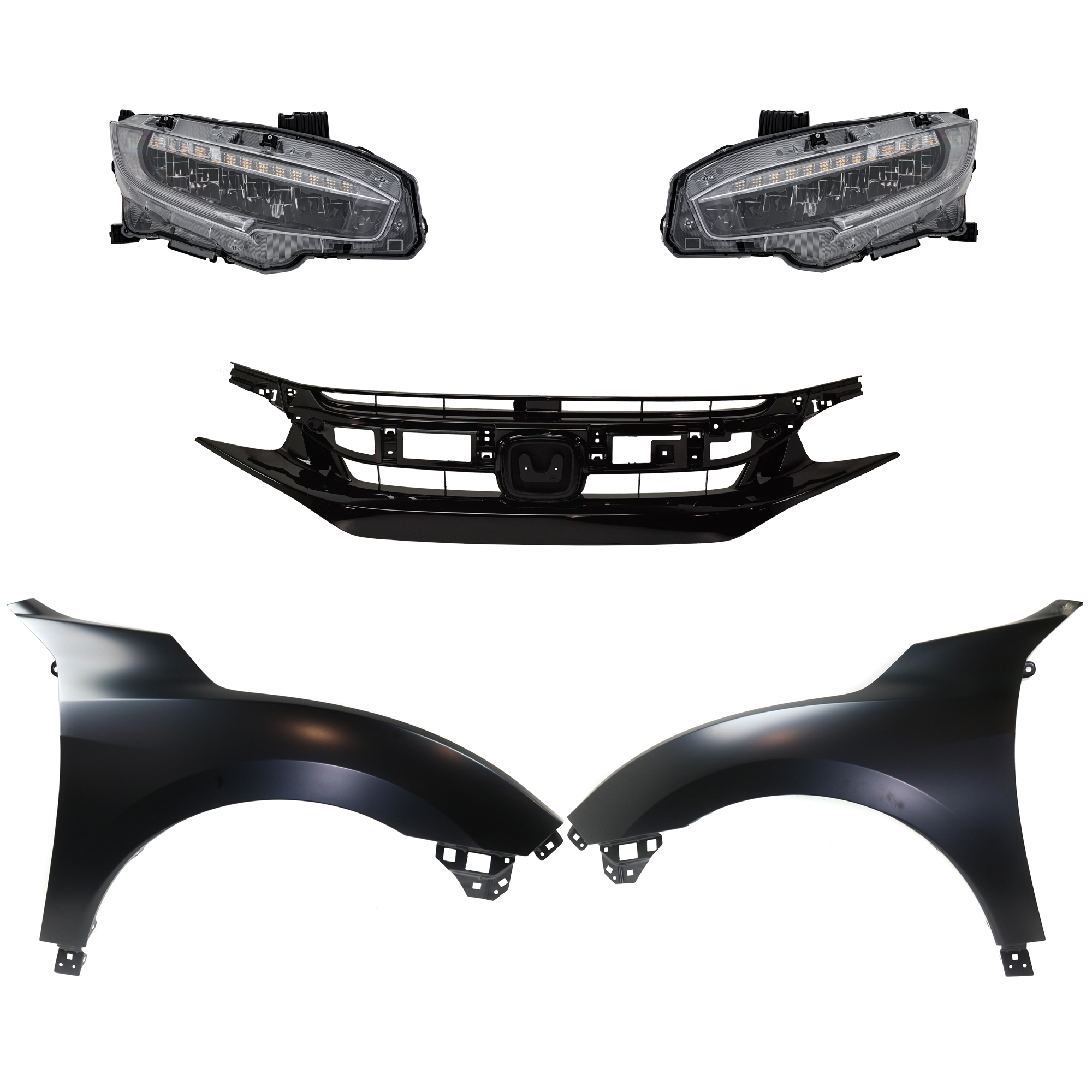 AM CIVIC 20-20 HEAD LAMP RH AND LH Assembly LED 5 pc Kit with Fenders and Grille Assembly SKU KIT 030323-317 Partslink HO2502199 HO2503199 HO1240195 HO1241195 HO1200242 OEM 33100TBAA23-33150TBAA23-60261T