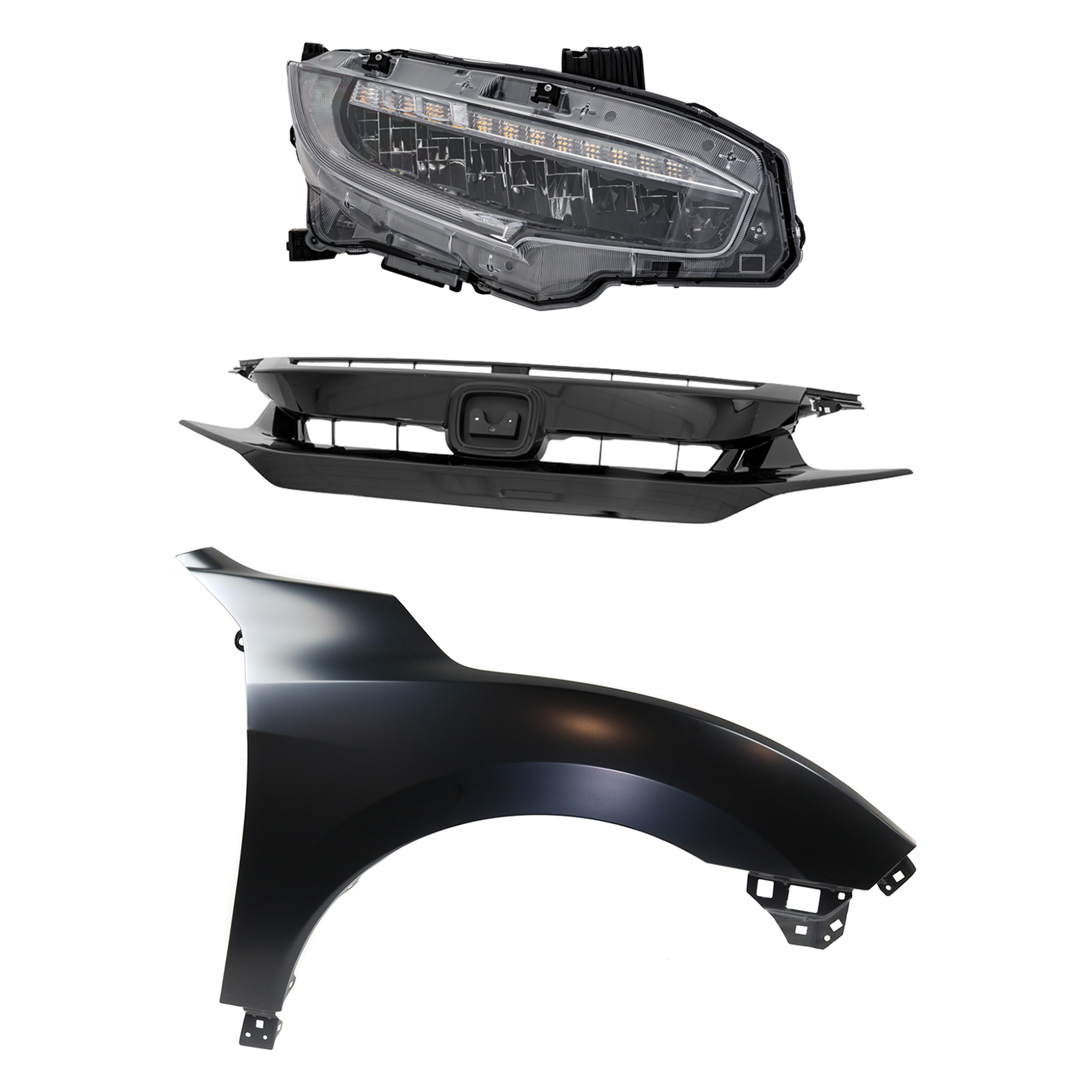 AM CIVIC 20-21 HEAD LAMP RH Assembly LED 3 pc Kit with Fender and Grille Assembly SKU KIT 030323-31801 Partslink HO2503199 HO1241195 HO1200248 OEM 33100TBAA23-60211TGGA00ZZ 7112